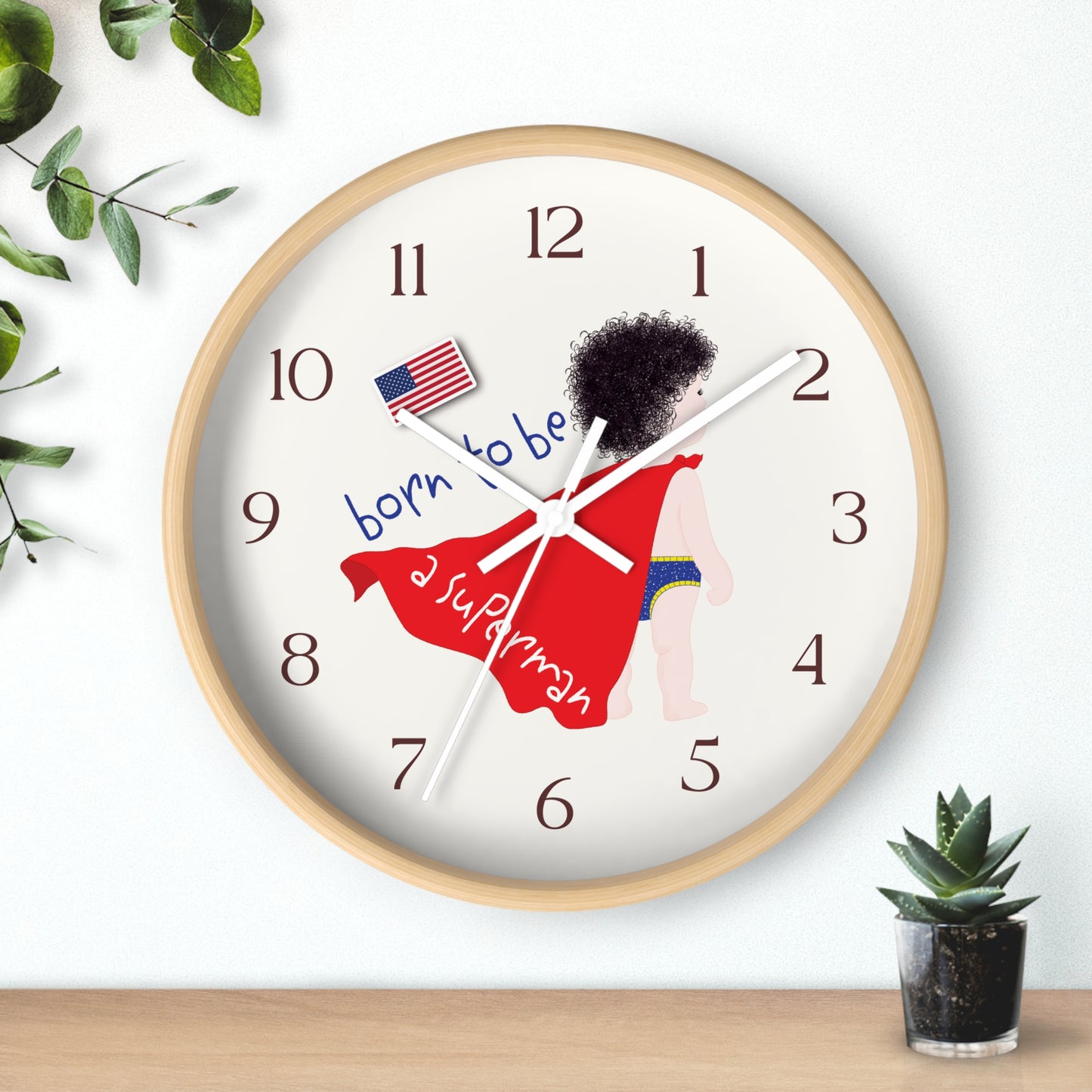 Funny Baby Wooden Wall Clock - Superman Baby (Dark-Haired)