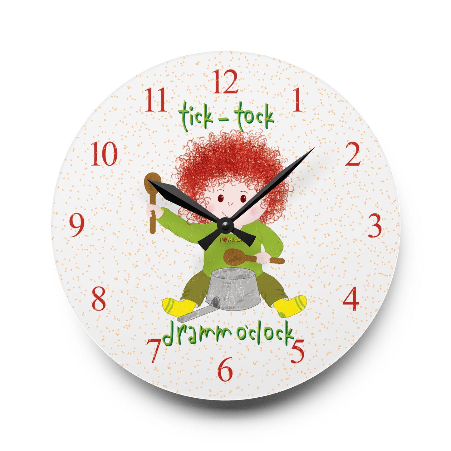 Funny Kids Wall Clock – Redhead Drummer Baby Silent Nursery Clock by Kidlic