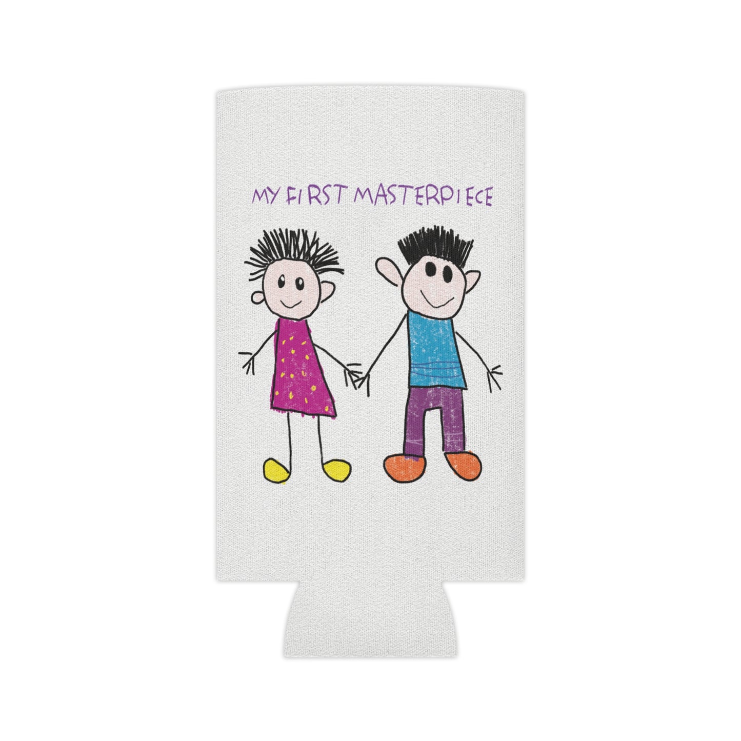 Adorable can cooler sleeve featuring a child-like drawing of two stick figures holding hands, one wearing a pink dress and the other in a blue shirt, with the text 'My First Masterpiece’, slim size, shipping, USA, kidlic