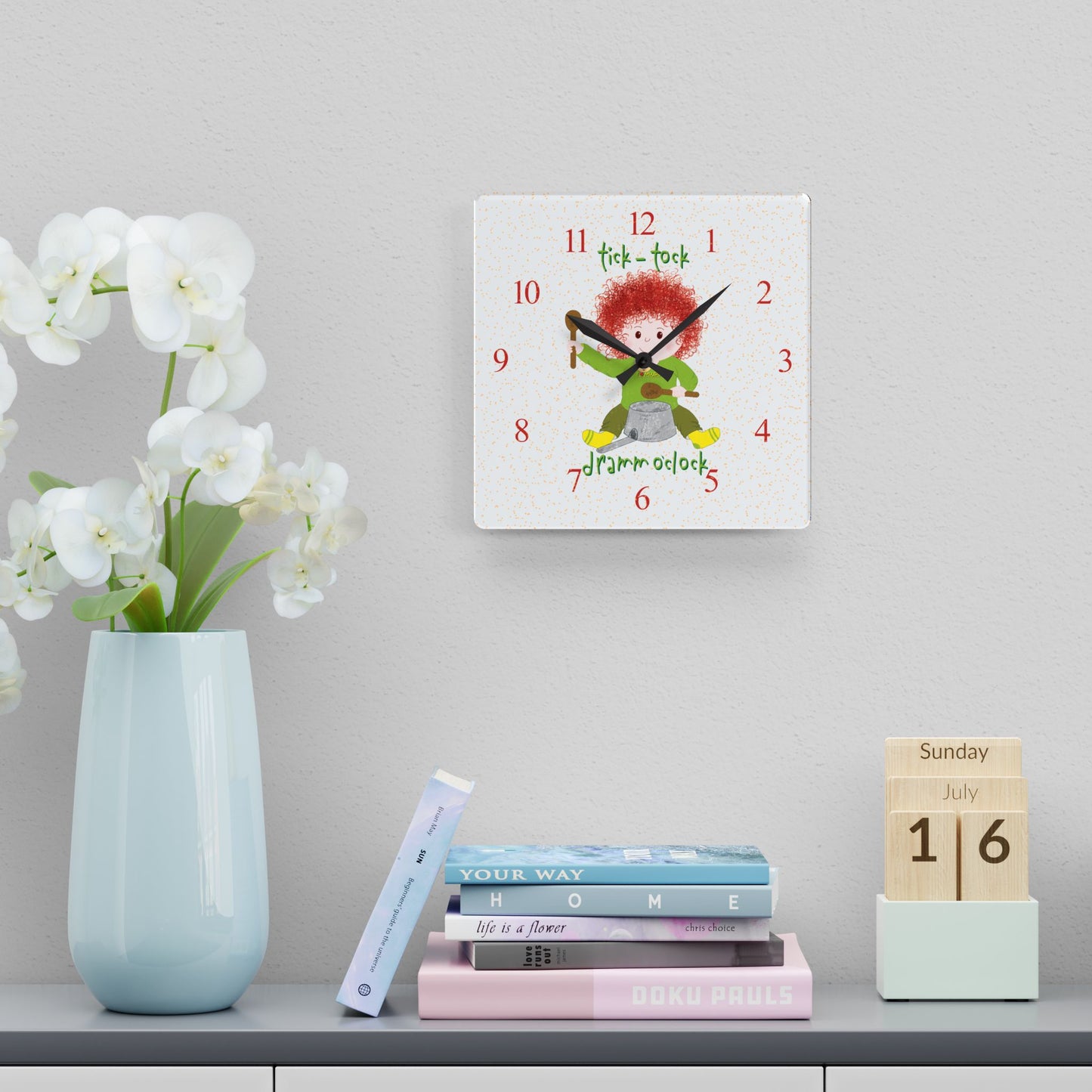 Funny Kids Wall Clock – Redhead Drummer Baby Silent Nursery Clock by Kidlic