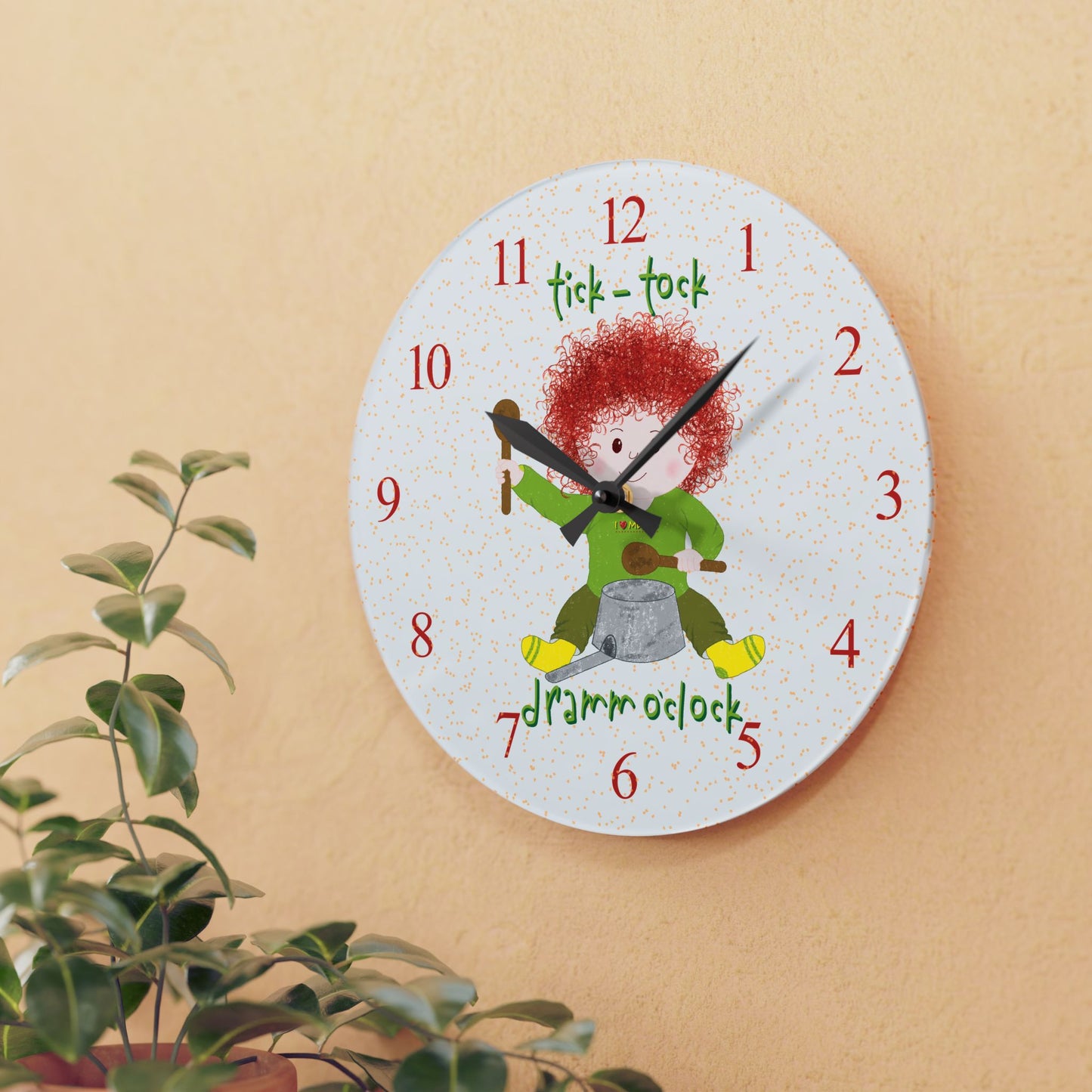 Funny Kids Wall Clock – Redhead Drummer Baby Silent Nursery Clock by Kidlic