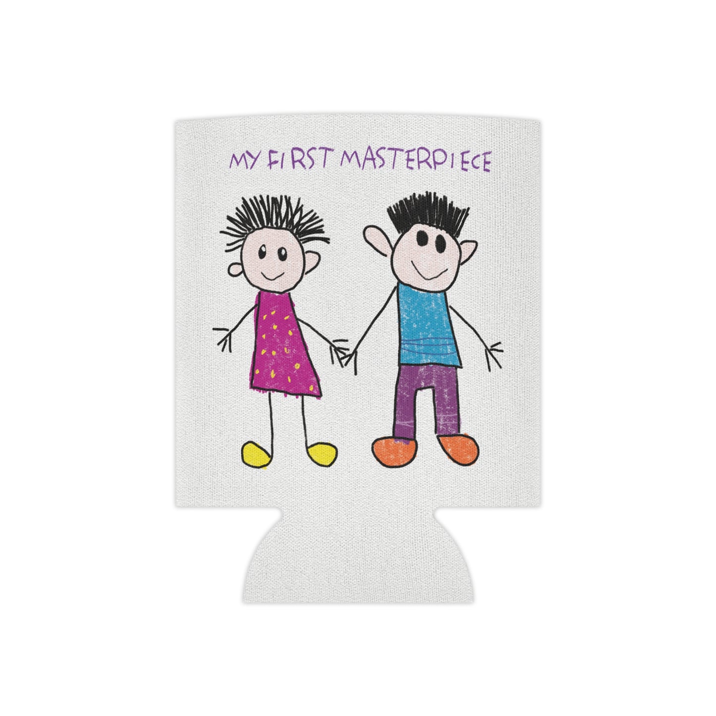 Adorable can cooler sleeve featuring a child-like drawing of two stick figures holding hands, one wearing a pink dress and the other in a blue shirt, with the text 'My First Masterpiece’, regular size, shipping, USA, kidlic