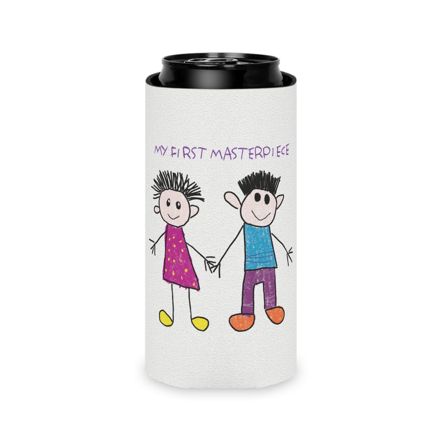 Adorable can cooler sleeve with a can inside featuring a child-like drawing of two stick figures holding hands, one wearing a pink dress and the other in a blue shirt, with the text 'My First Masterpiece’, slim size, shipping, USA, kidlic