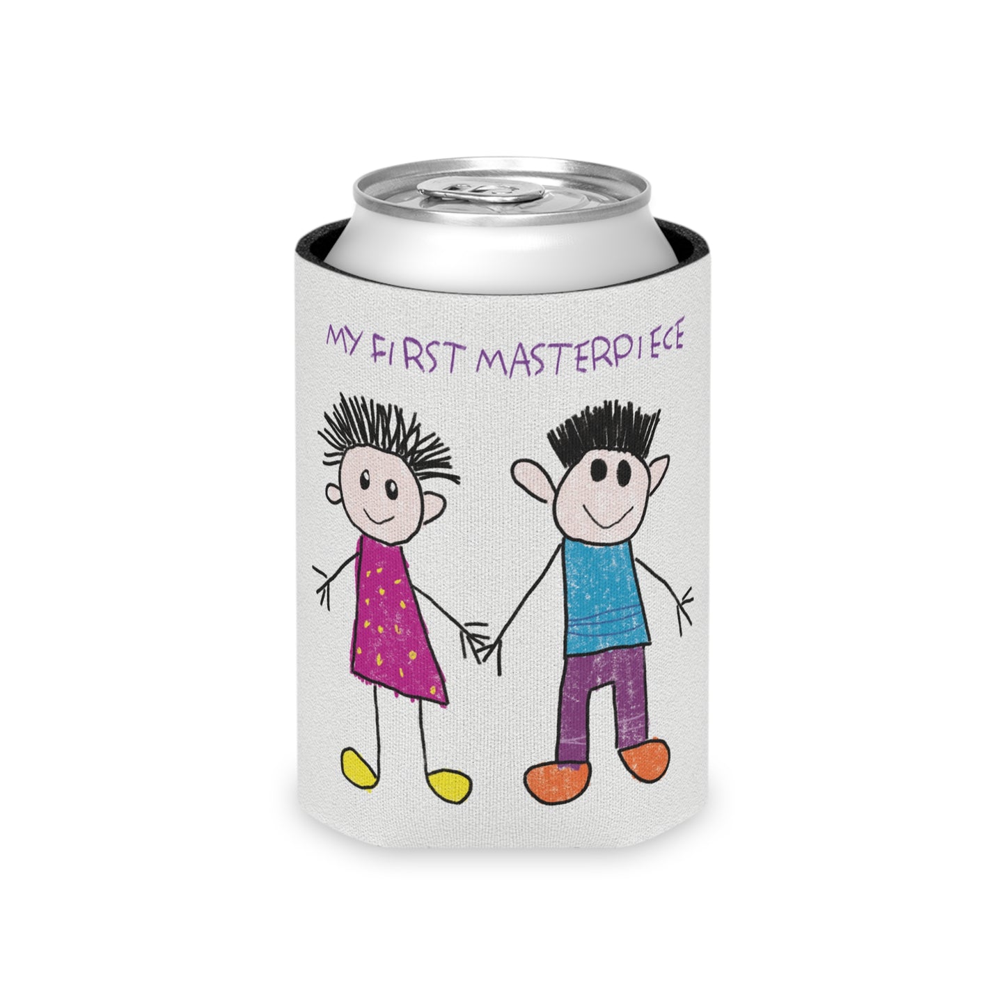Adorable can cooler sleeve with a can inside featuring a child-like drawing of two stick figures holding hands, one wearing a pink dress and the other in a blue shirt, with the text 'My First Masterpiece’, regular size, shipping, USA, kidlic