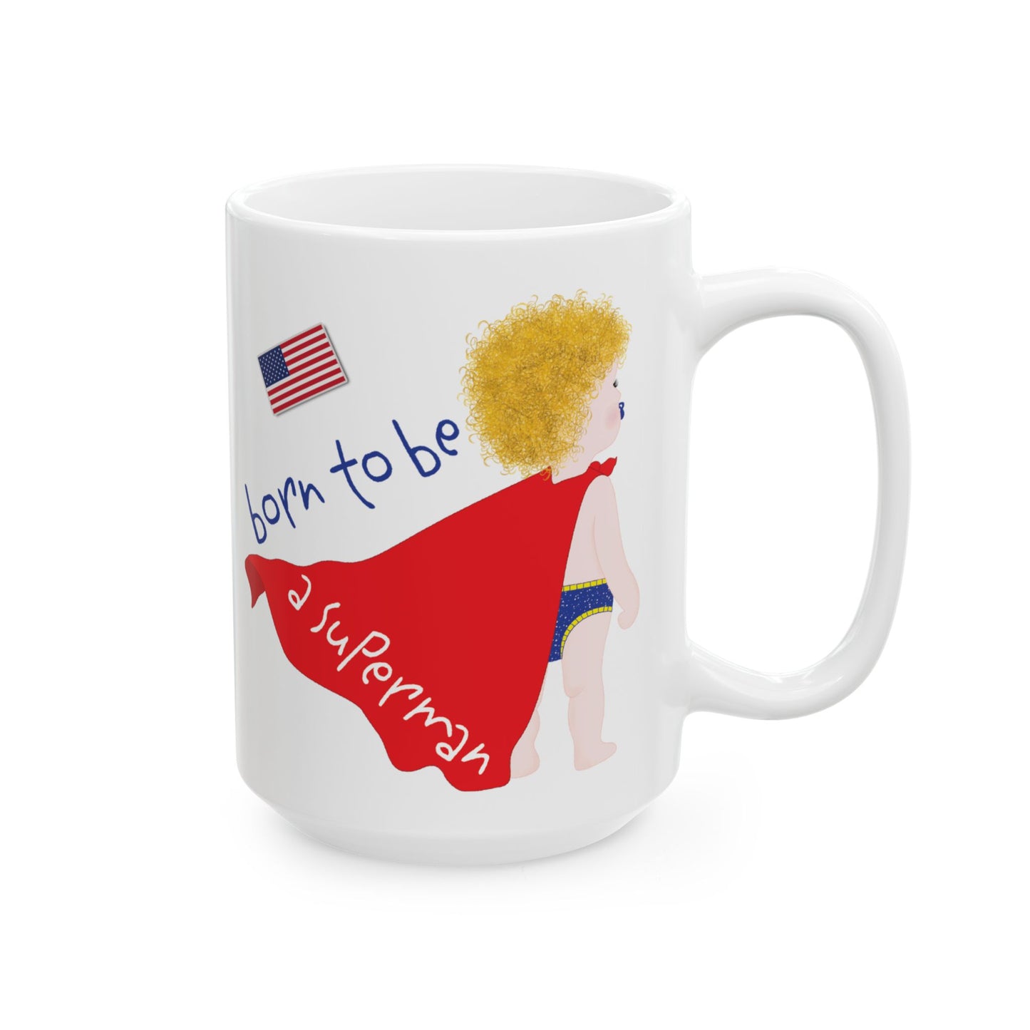 Funny Baby Coffee Mug – Superman Baby (Blonde), 11oz & 15oz