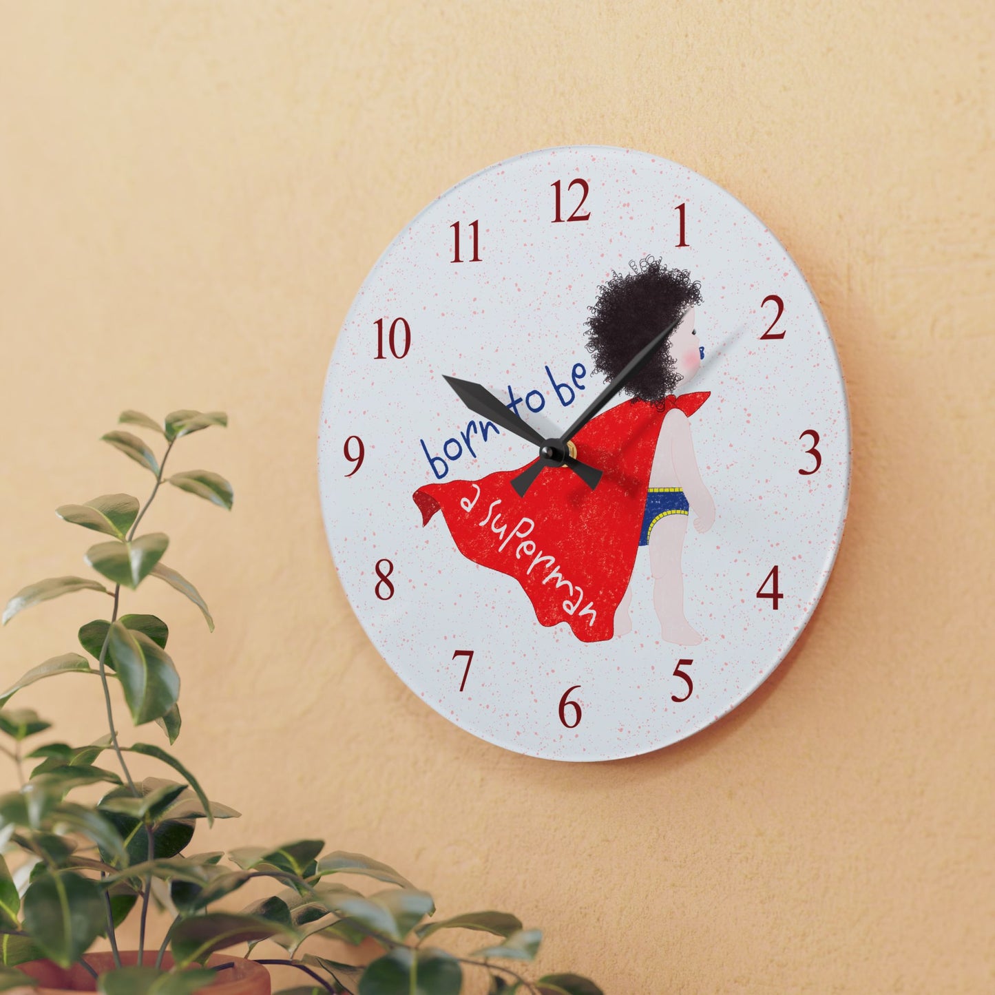 Acrylic superhero nursery wall clock on beige wall, funny Superman baby design silent clock from Kidlic