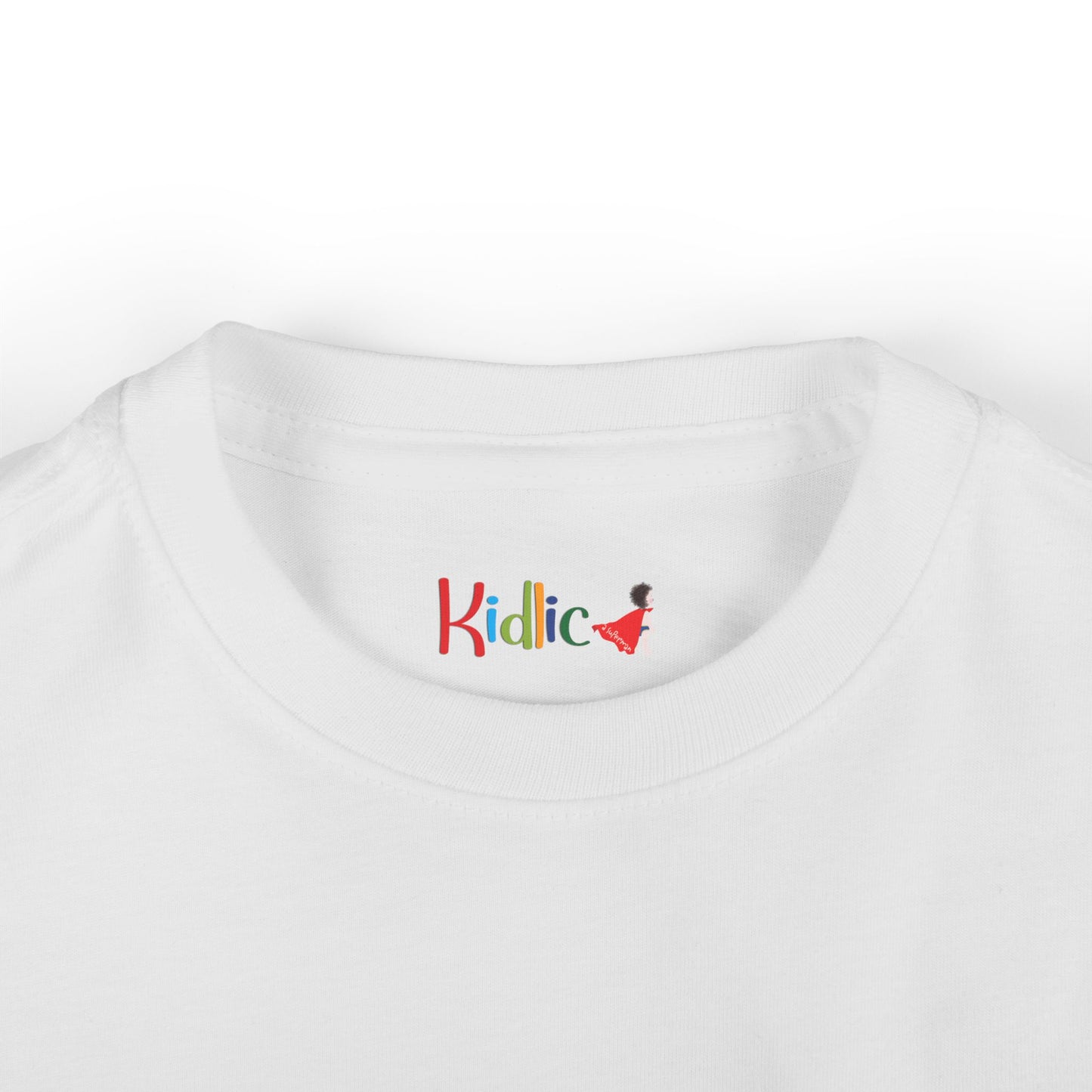 White t-shirt with 'Kidlic' logo on a white background