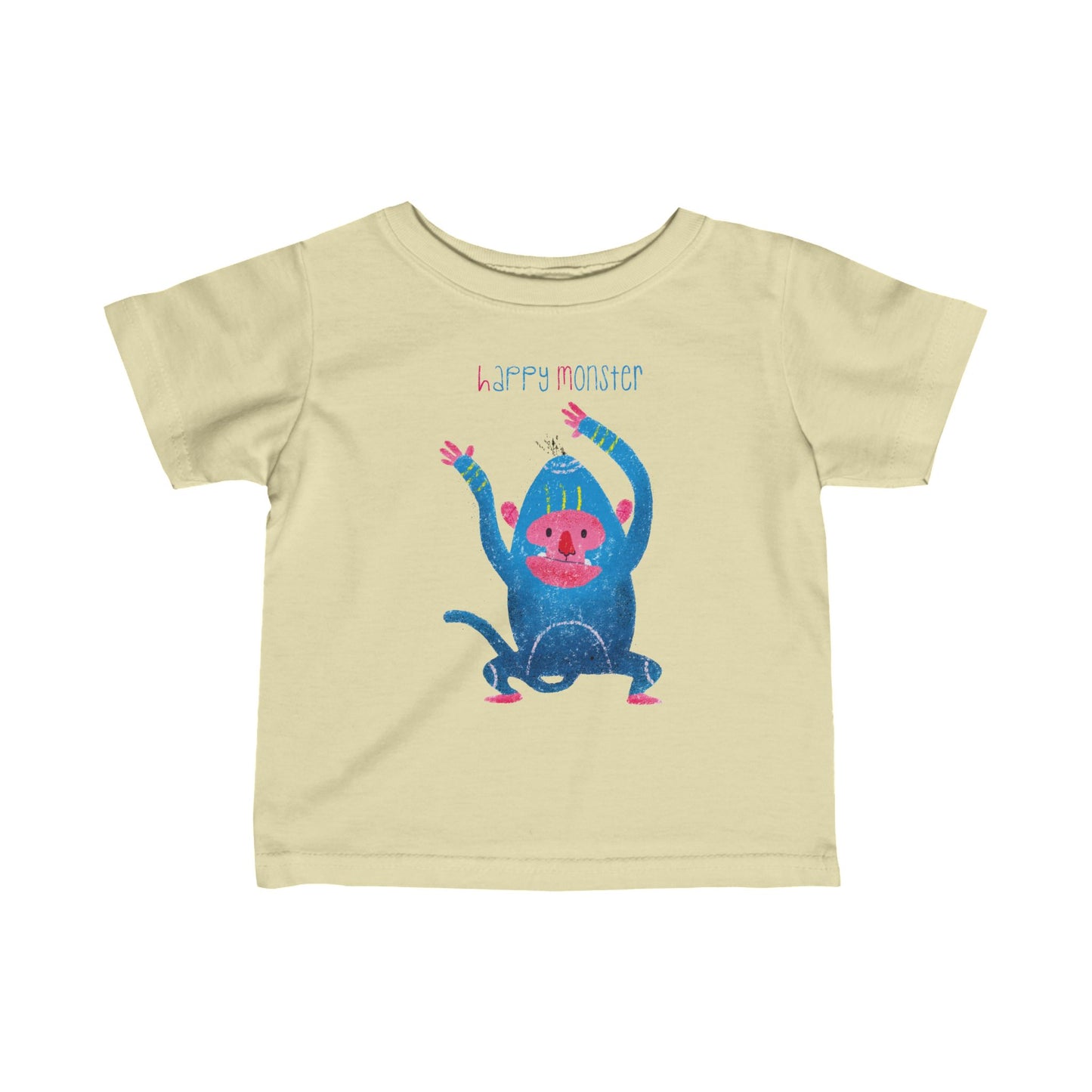 Playful baby t-shirt showcasing a joyful blue monster, ideal for everyday wear, Color: light yellow