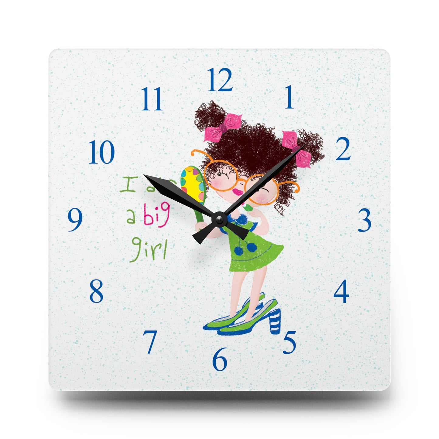 Sweet nursery acrylic wall clock featuring a cartoon girl with curly hair, oversized glasses, and a green dress, holding a mirror, with the text 'I am a big girl' alongside blue numbers on the clock face, size 10.75”x10.75” (square), free shipping, USA, kidlic