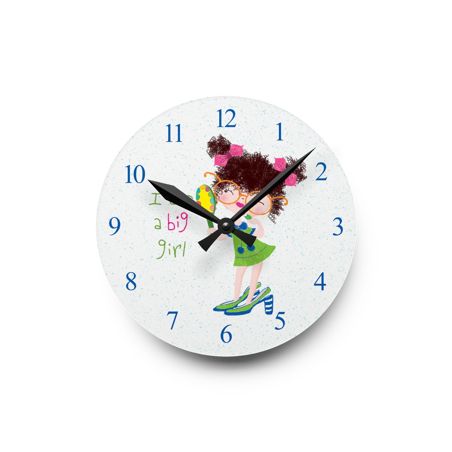 Sweet nursery wall clock featuring a cartoon girl with curly hair, oversized glasses, and a green dress, holding a mirror, with the text 'I am a big girl' alongside blue numbers on the clock face, size 8”x8” (square), free shipping, USA, kidlic