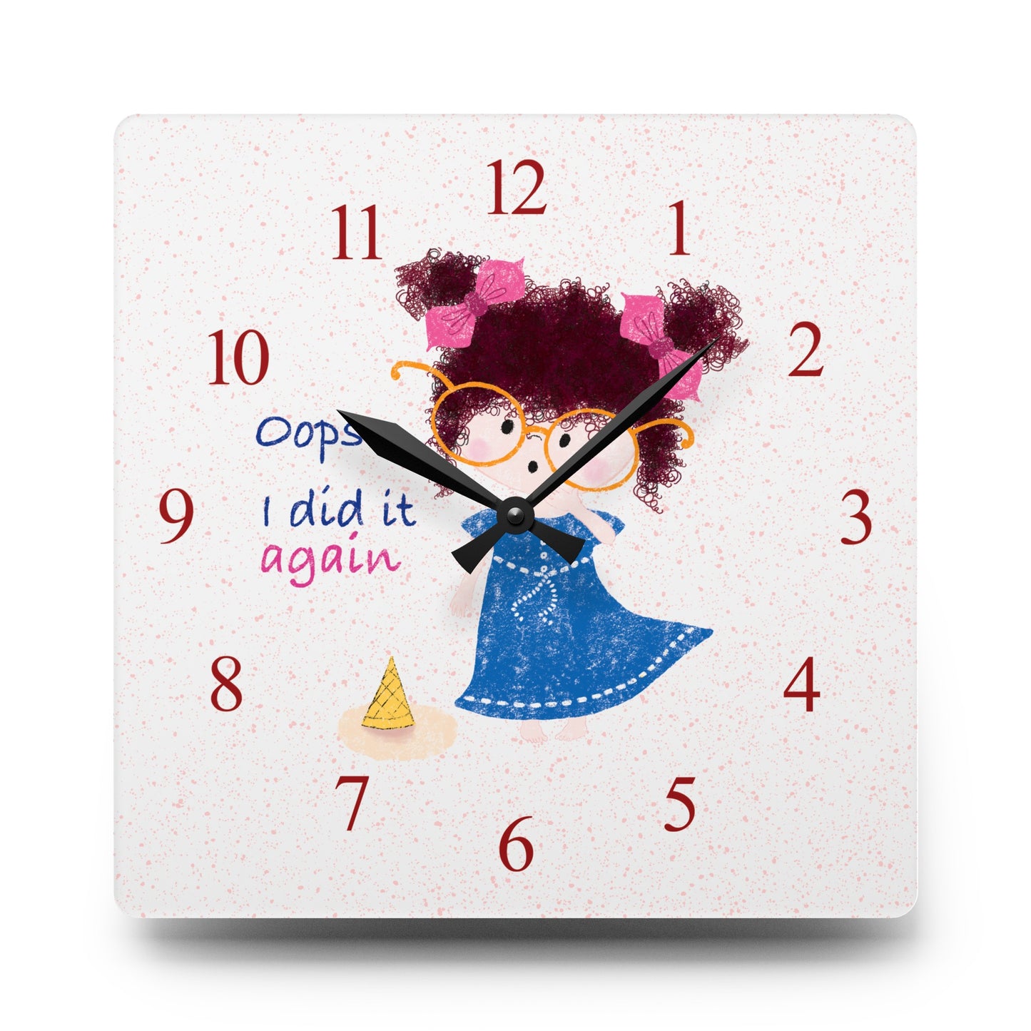 Charming humorous acrylic wall clock featuring a cartoon girl with curly hair, oversized glasses, and a blue dress, standing next to a fallen ice cream cone, with the text 'Oops, I did it again' alongside red numbers on the clock face, size 10.75”x10.75” (square), free shipping, USA, kidlic