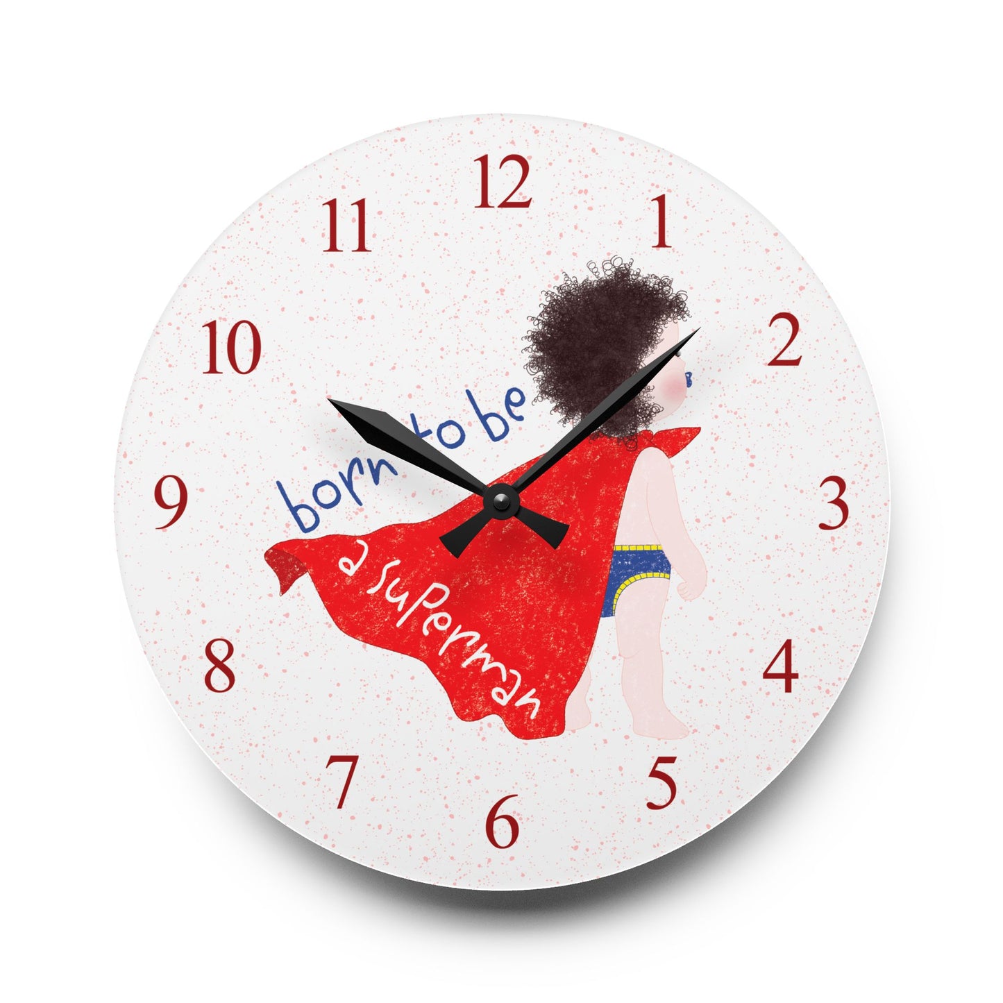 Curly-haired baby superhero wall clock – acrylic nursery room wall art from Kidlic, size: 10x10 inch