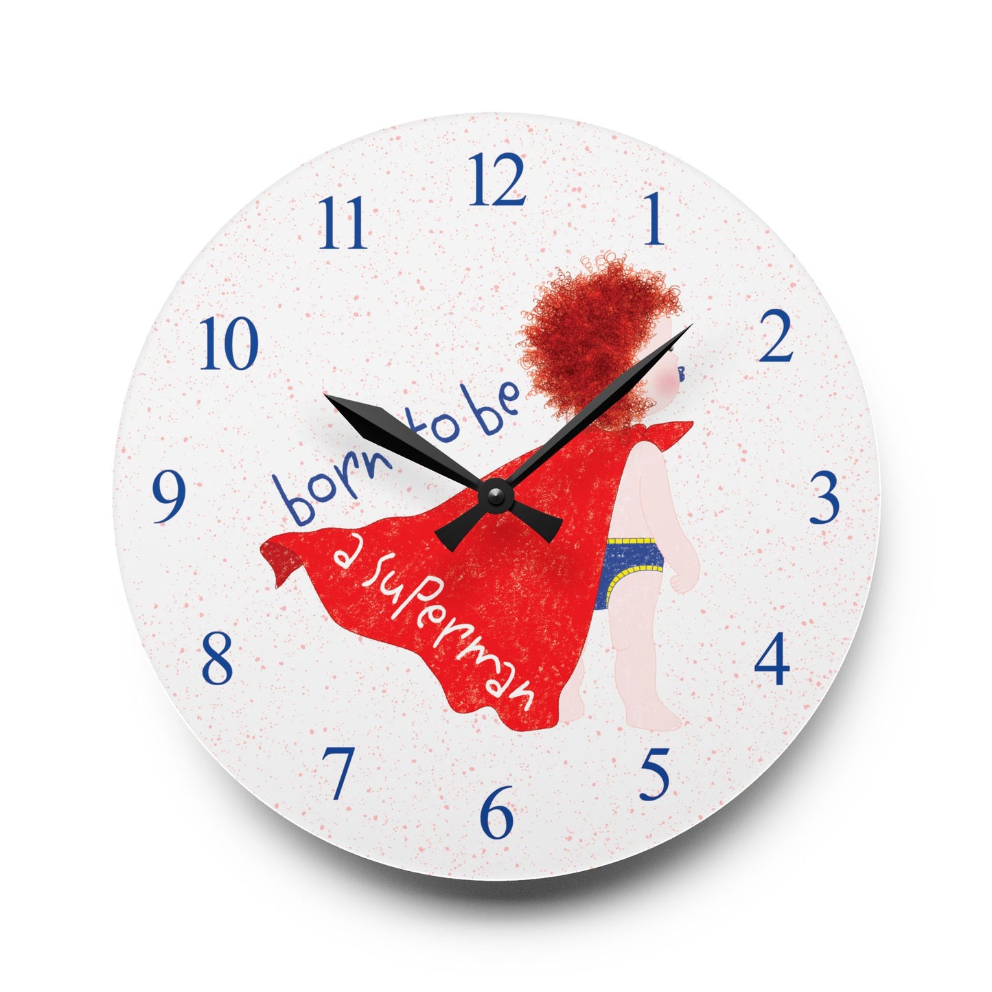Funny redhead superhero nursery wall clock – acrylic baby room decor from Kidlic USA, size: round 10 inch