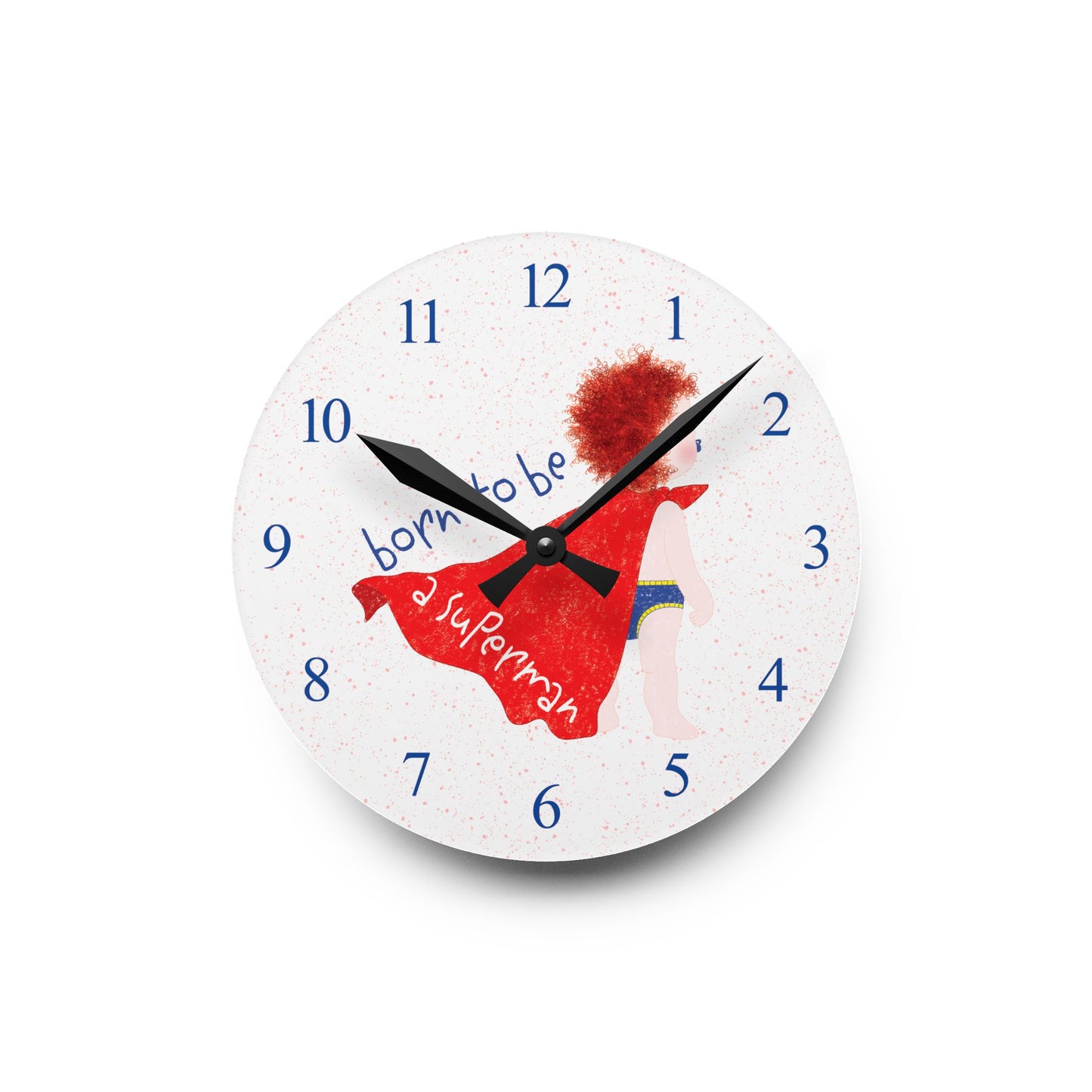 Unique superhero baby shower gift – redhead wall clock acrylic nursery decor from Kidlic, size: round 8 inch