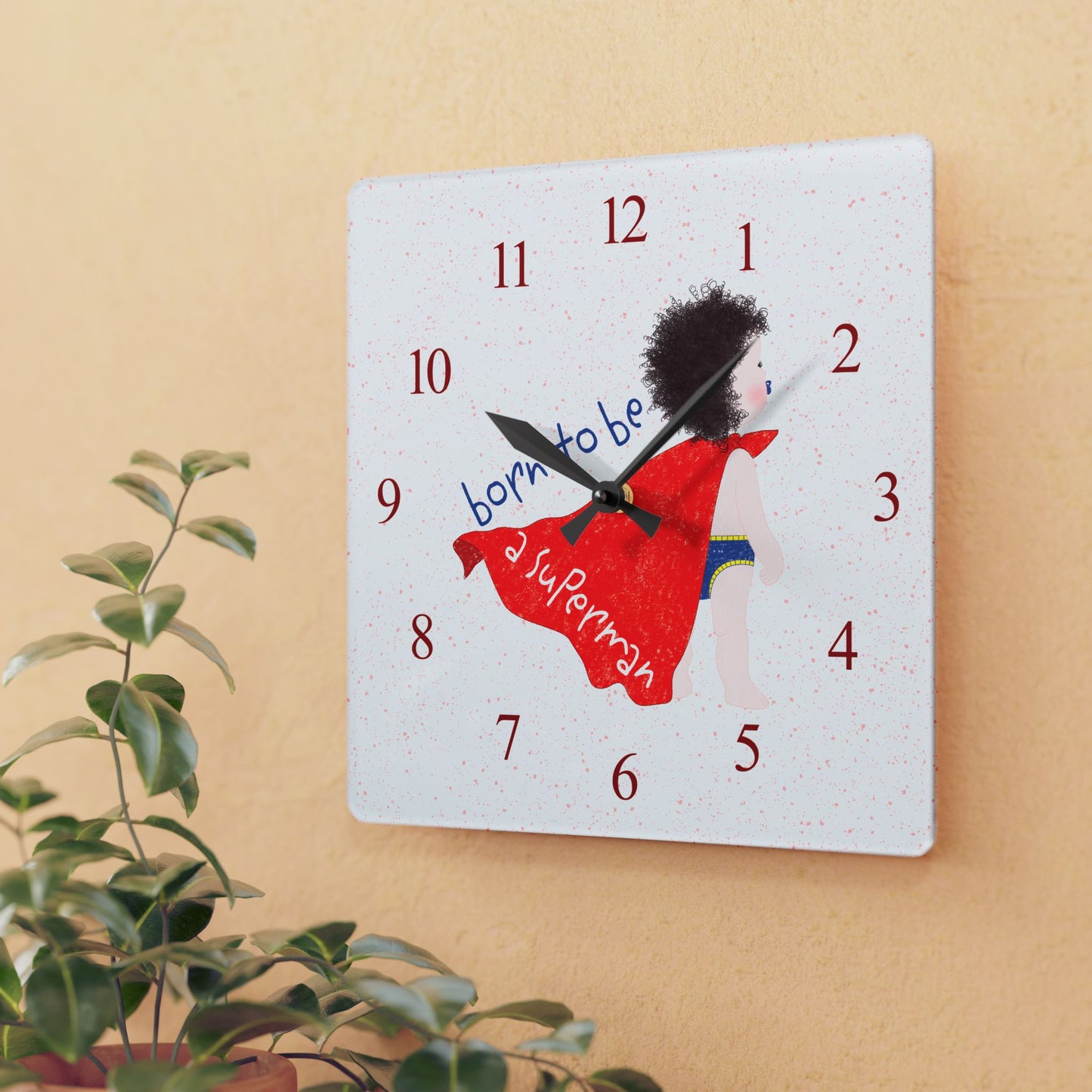 Acrylic superhero nursery wall clock on beige wall, funny Superman baby design wall clock from kidlic