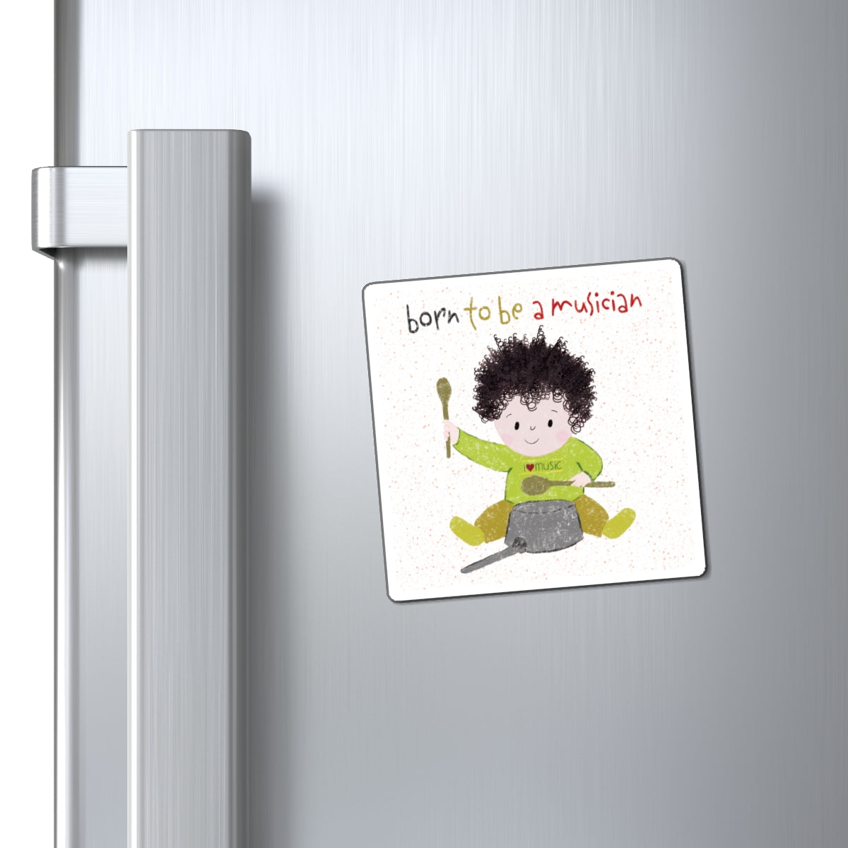 Playful nursery fridge magnet featuring a cartoon baby playing a pot with a wooden spoon, with the text 'Born to be a musician”,close-up, size 3”x3”, kidlic
Funny fridge magnet featuring a cartoon baby playing a pot with a wooden spoon, with the text 'Born to be a musician”, close-up, size 3”x3”, kidlic