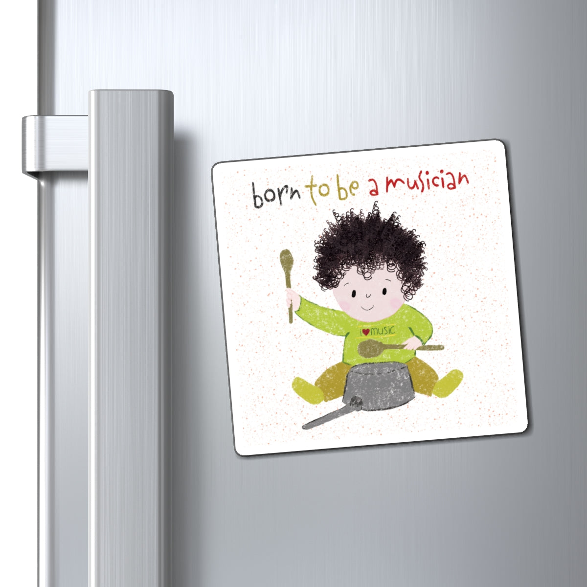 Sweet nursery baby fridge magnet featuring 'Born to be a musician' design, perfect for musical-themed kitchen décor and unique baby gifts. Close-up,size 4”x4”, kidlic
Funny fridge magnet featuring a cartoon baby boy playing a pot with a wooden spoon, with the text 'Born to be a musician”,close-up, size 4”x4”, kidlic