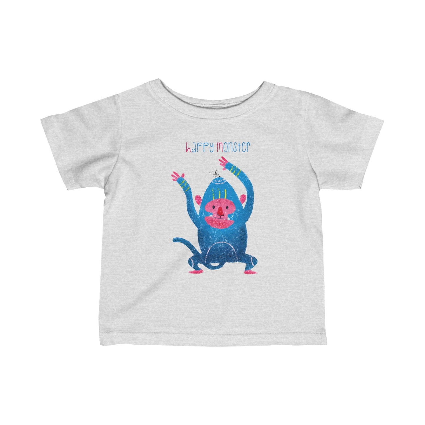 Tiny but mighty baby t-shirt with a cute and colorful happy monster waving its arms, Color: natural grey