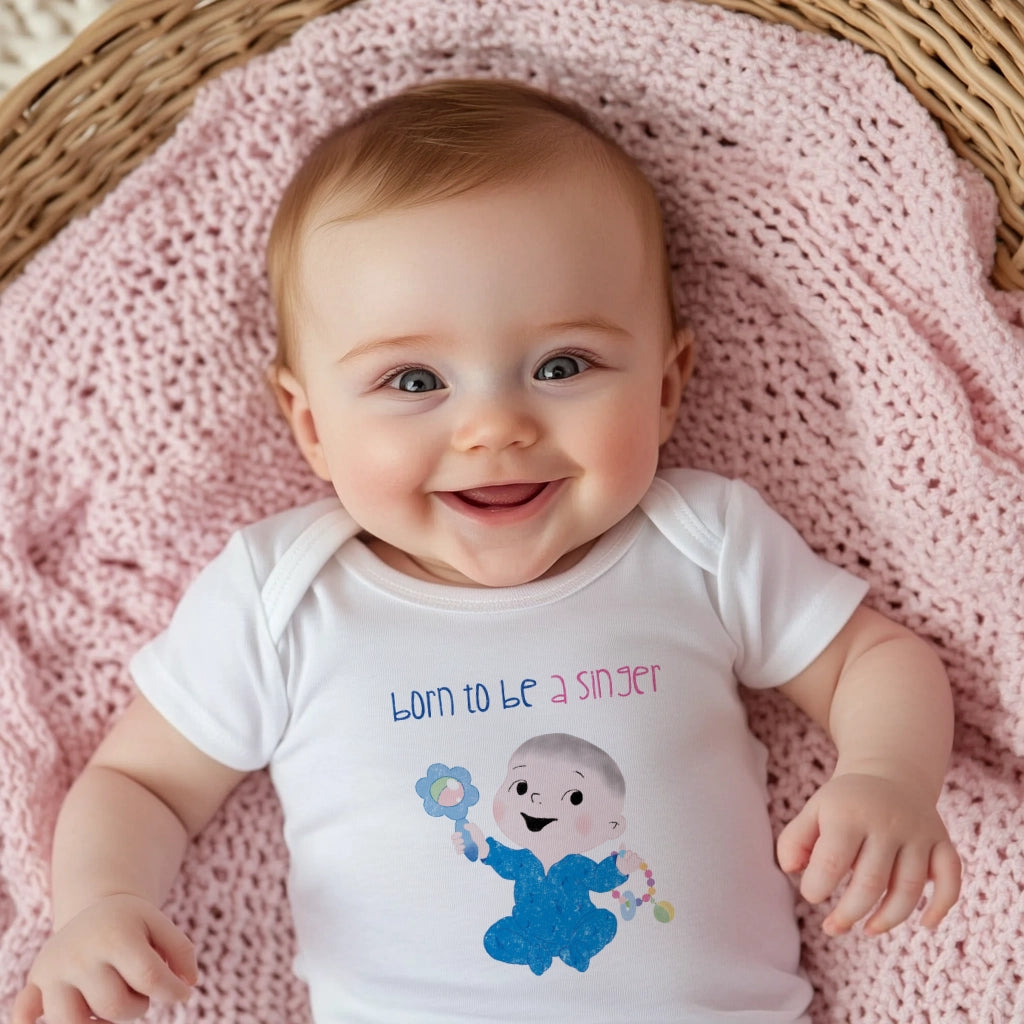 Cute baby boy wearing Rockstar baby onesie – perfect newborn outfit for little ones destined for the stage