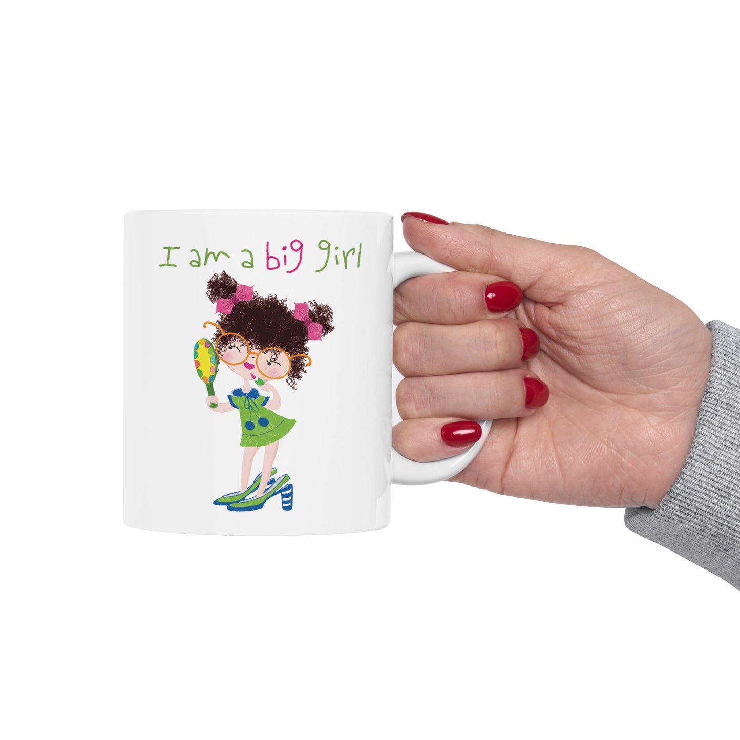 Charming humorous coffee mug featuring a cartoon girl with curly hair, wearing oversized glasses, high heels, and a green dress, holding a mirror , with the text 'I am a big girl’, size: 11 oz, close-up, kidlic