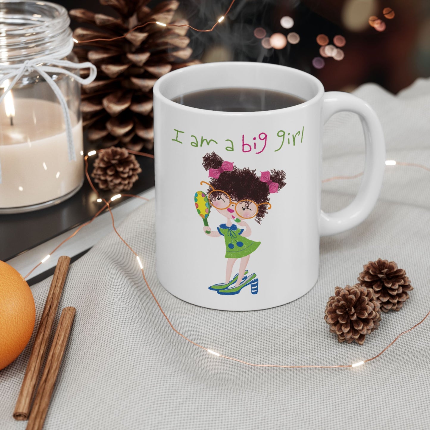 Charming playful coffee mug featuring a cartoon girl with curly hair, wearing oversized glasses, high heels, and a green dress, holding a mirror , with the text 'I am a big girl’ on a coffee table, size: 11 oz, kidlic