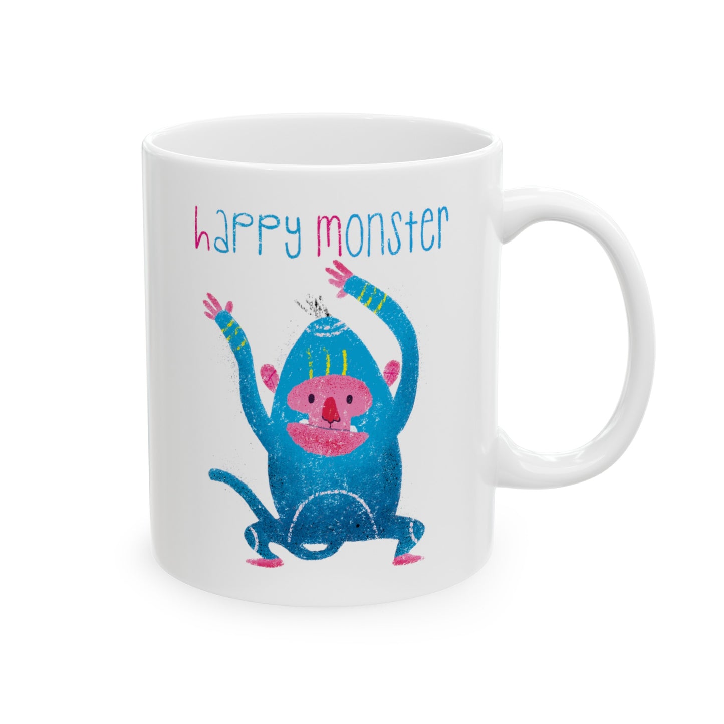 Funny coffee mug featuring smiling blue monster dancing with joy, and the text 'Happy Monsterâ, 11oz, free shipping, USA, kidlic
