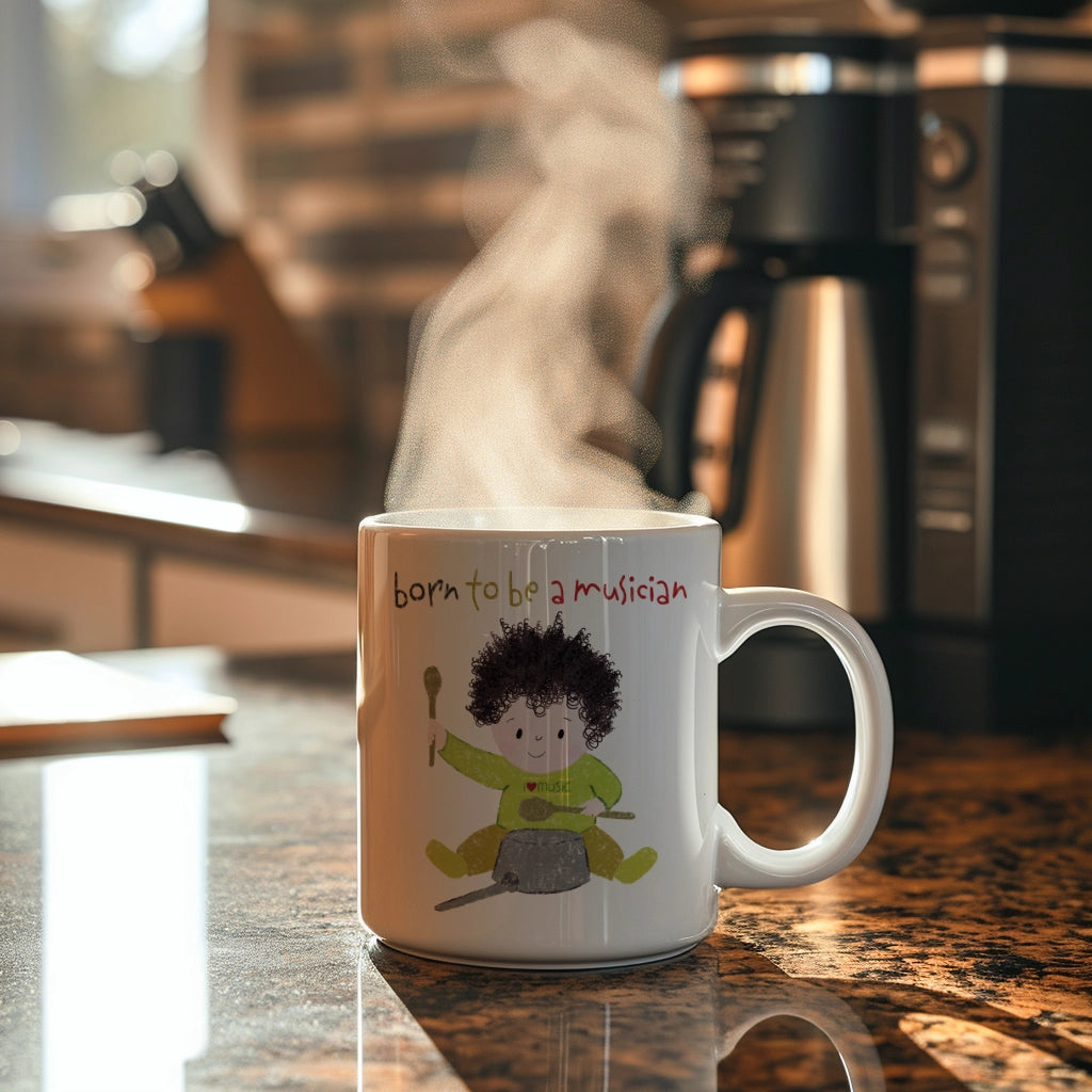 Humorous 11 oz coffee mug featuring a cartoon baby boy playing a pot with a wooden spoon, with the text 'Born to be a musician’, on a kitchen counter, size 11oz, free shipping, USA, kidlic