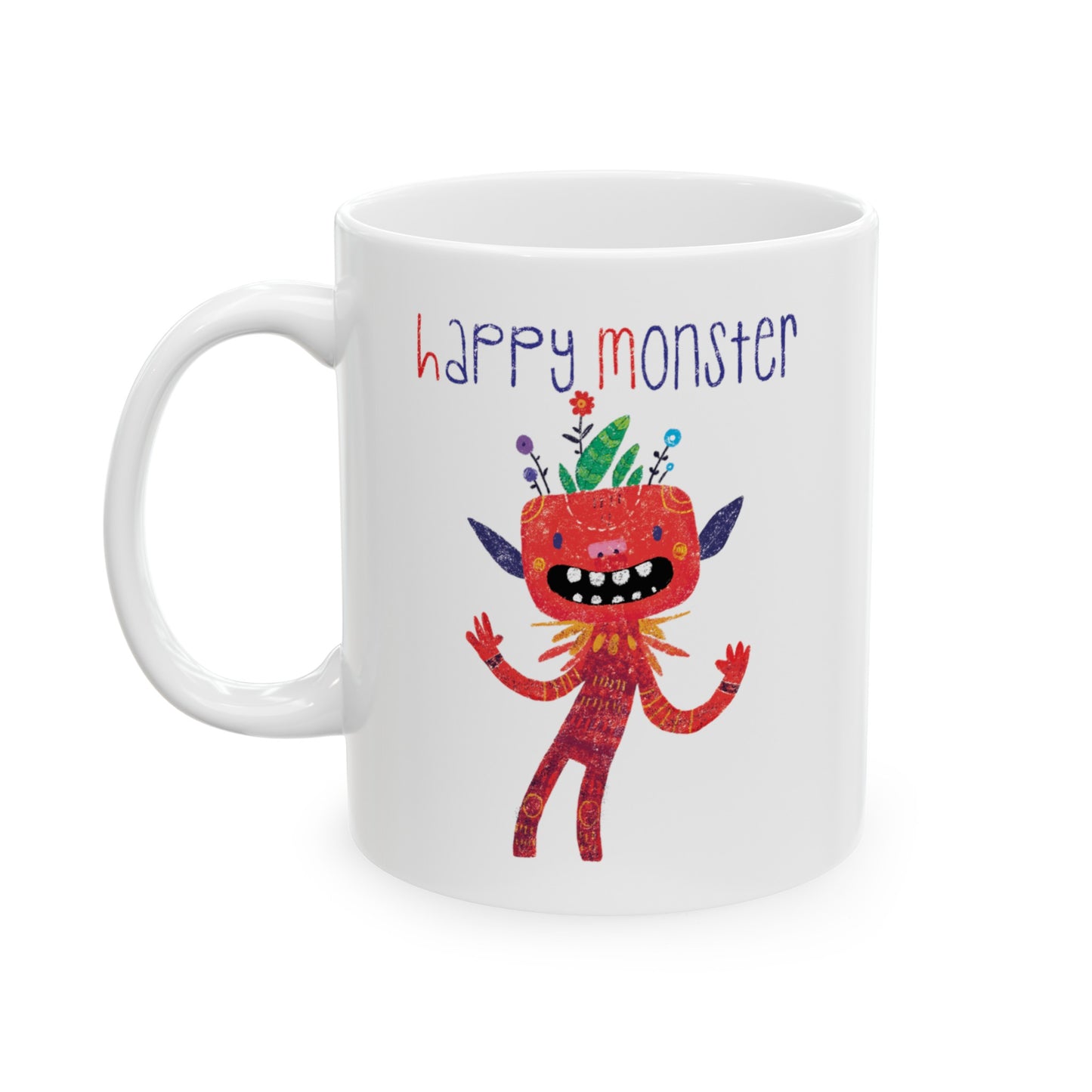 Playful coffee mug featuring a red happy monster bursting with excitement, and the text 'Happy Monsterâ, 11 oz, free shipping, USA, kidlic