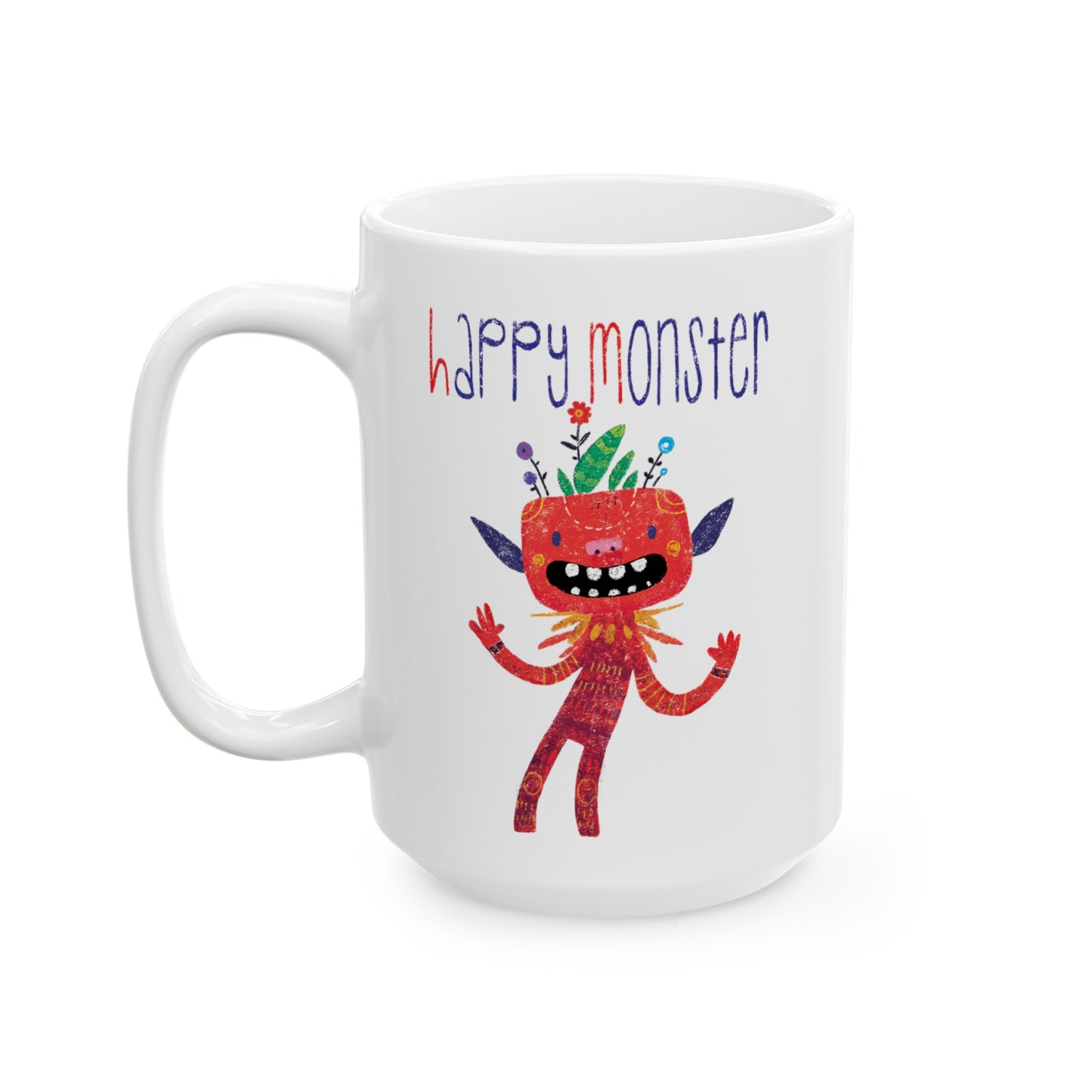 Playful coffee mug featuring a red happy monster bursting with excitement, and the text 'Happy Monsterâ, 15 oz, free shipping, USA, kidlic