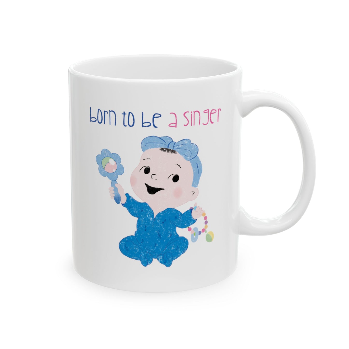 Adorable nursery coffee mug featuring a cartoon baby girl holding a rattle, with the text "Born to be a singer”, size: 11 oz, free shipping, USA, kidlic