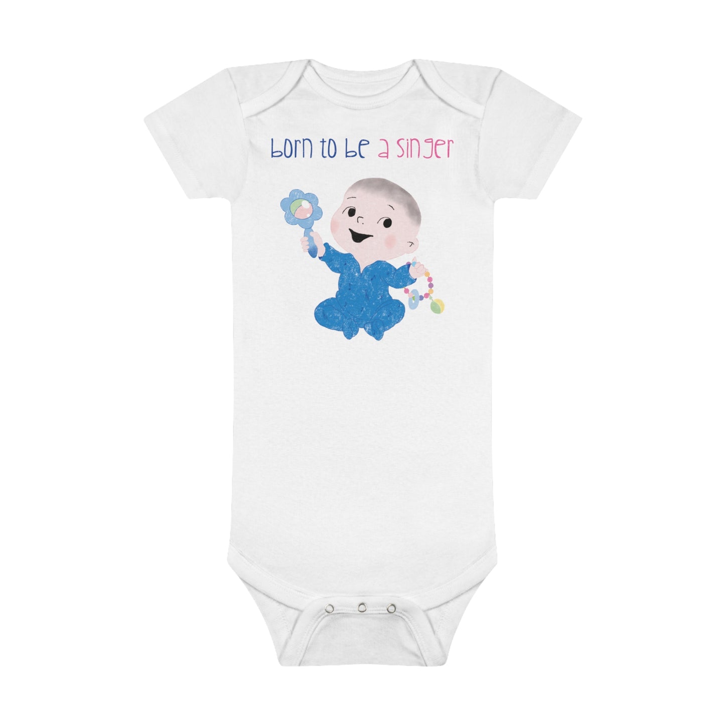Adorable white organic baby onesie featuring a cartoon baby boy holding a rattle, with the text "Born to be a singer”, free shipping, kidlic