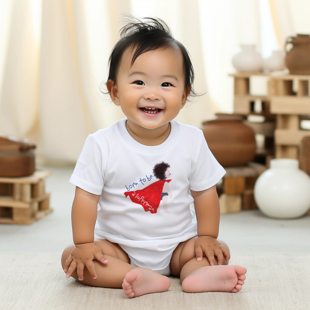 Laughing baby in ‘Born to Be a Superman’ onesie – funny superhero outfit made in the USA, perfect baby gift for American parents and grandparents.