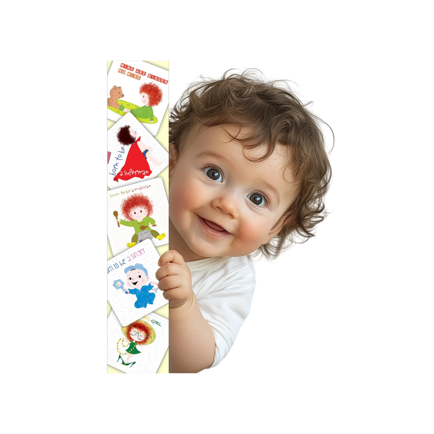 Smiling baby holding a vertical strip of colorful funny baby fridge magnets featuring playful characters and designs, Kidlic funny fridge magnets USA.