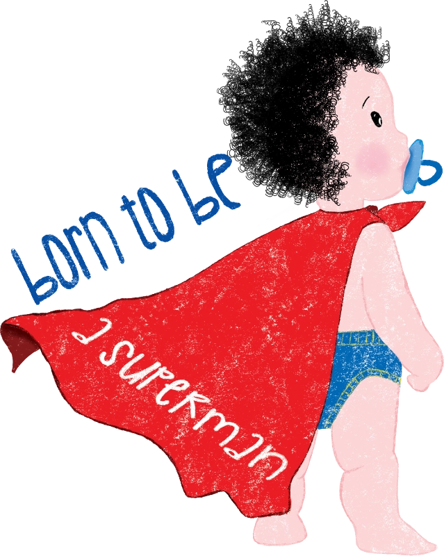 Playful nursery design featuring a cartoon baby with a pacifier, wearing a red cape, with the text 'Born to be a superman’, kidlic