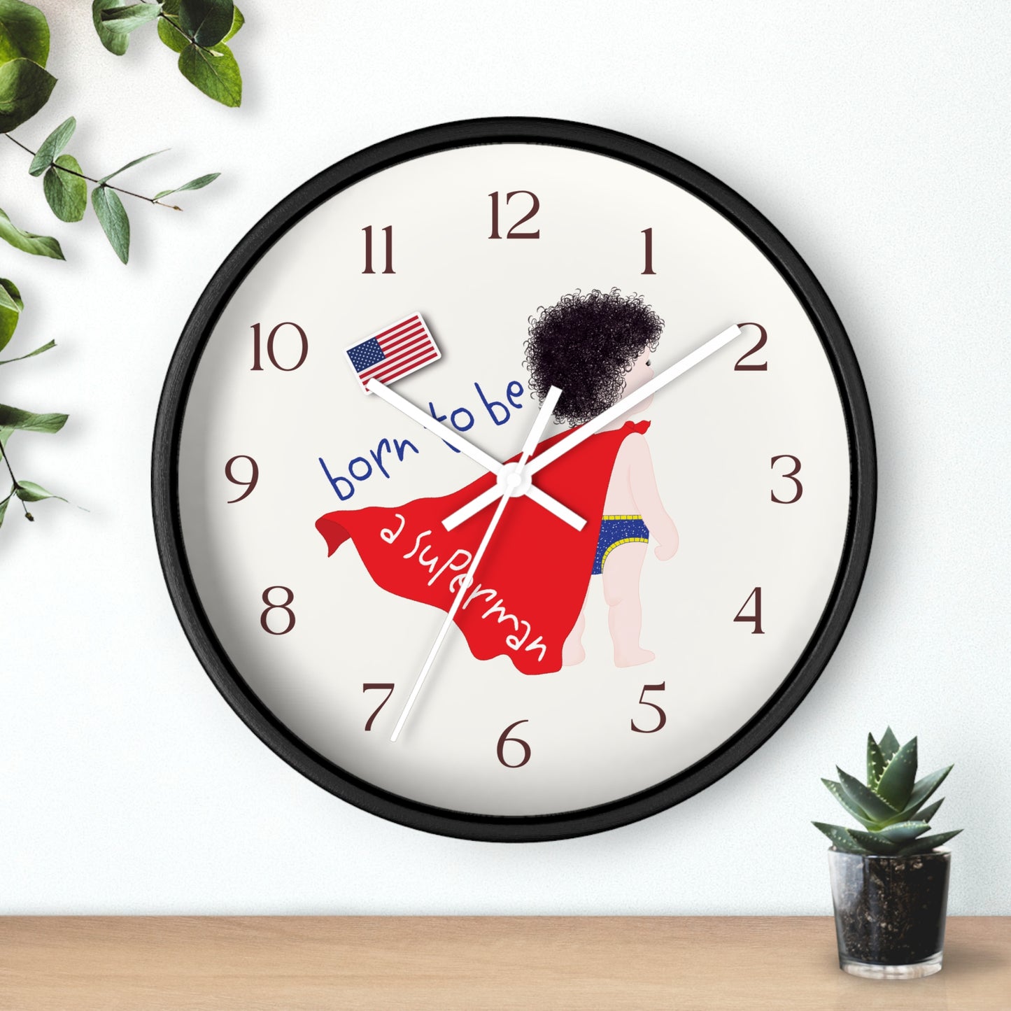 Funny Baby Wooden Wall Clock - Superman Baby (Dark-Haired)