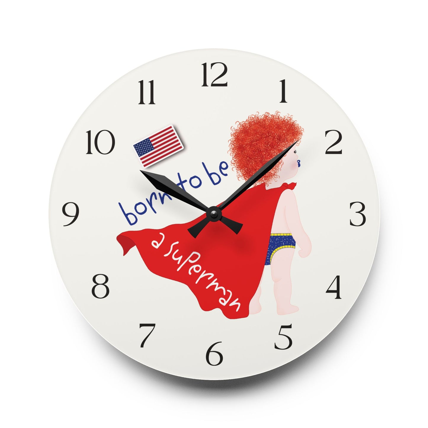 Funny Baby Acrylic Wall Clock – Superman Baby (Redhead)