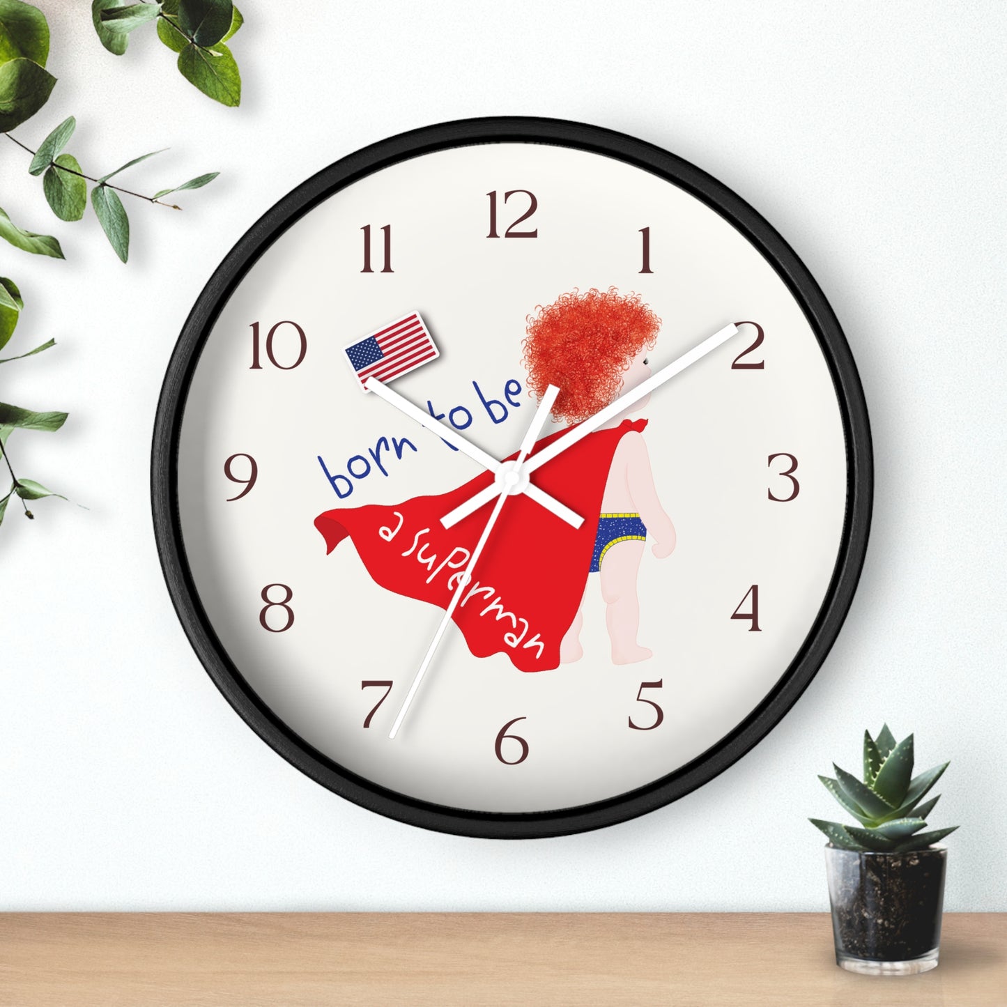 Funny Baby Wooden Wall Clock - Superman Baby (Redhead)