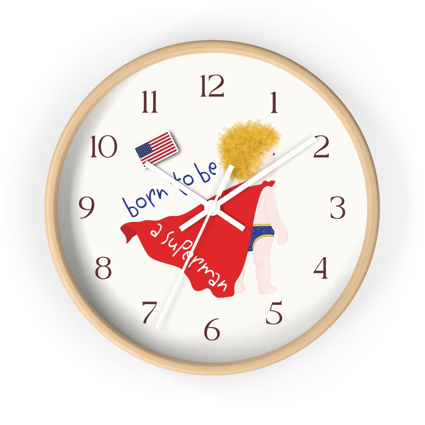 Funny Baby Wooden Wall Clock - Superman Baby (Blonde)