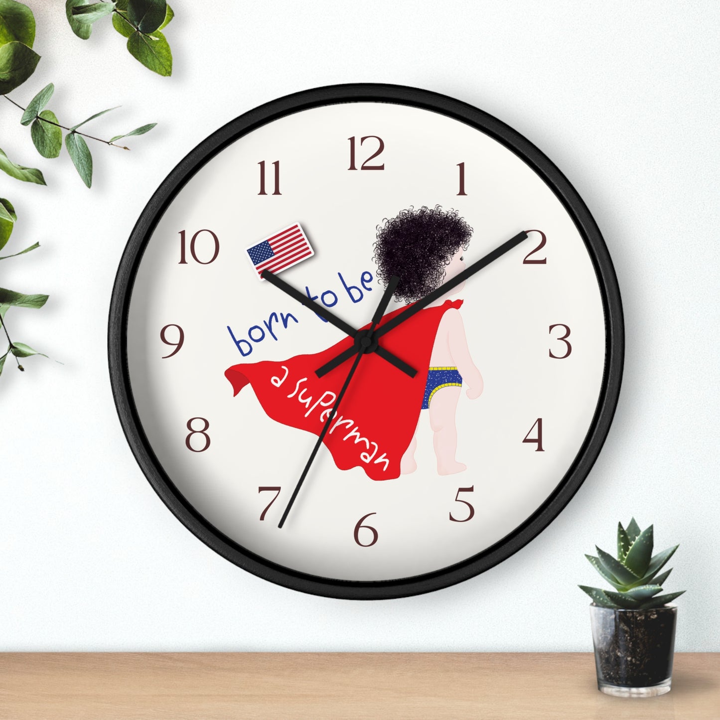 Funny Baby Wooden Wall Clock - Superman Baby (Dark-Haired)