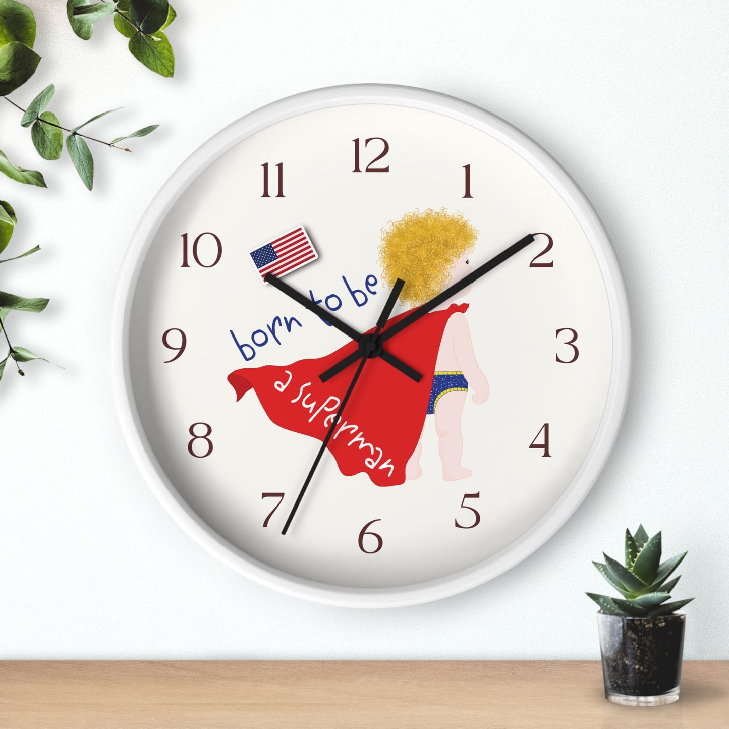 Funny Baby Wooden Wall Clock - Superman Baby (Blonde)