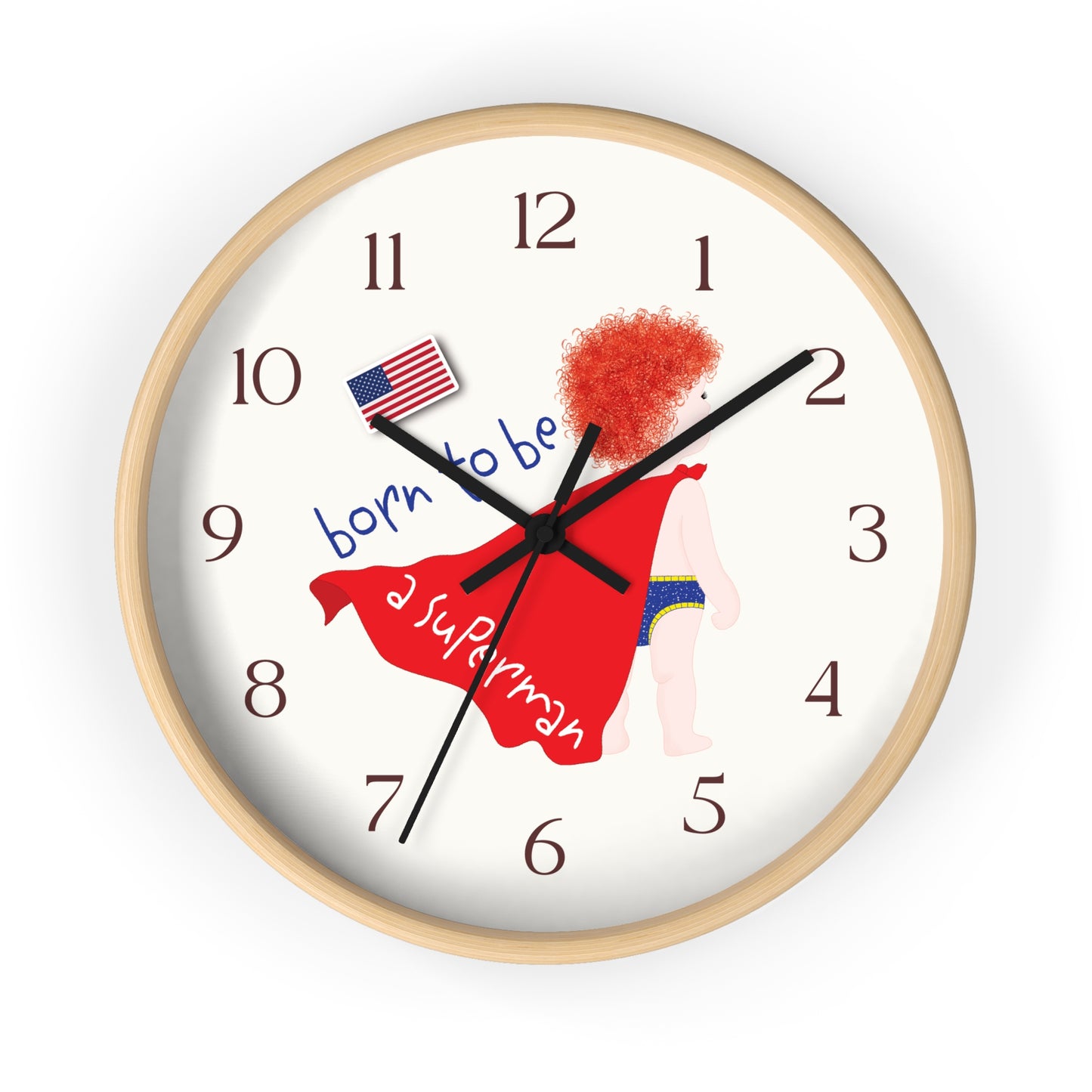 Funny Baby Wooden Wall Clock - Superman Baby (Redhead)