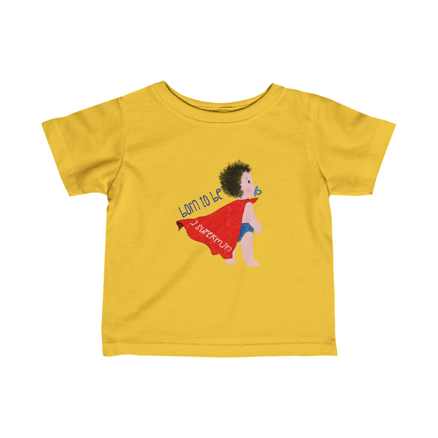 Hilarious infant tee shirt featuring a cartoon baby with a pacifier, wearing a red cape, with the text 'Born to be a superman’, color: yellow, free shipping, USA, kidlic