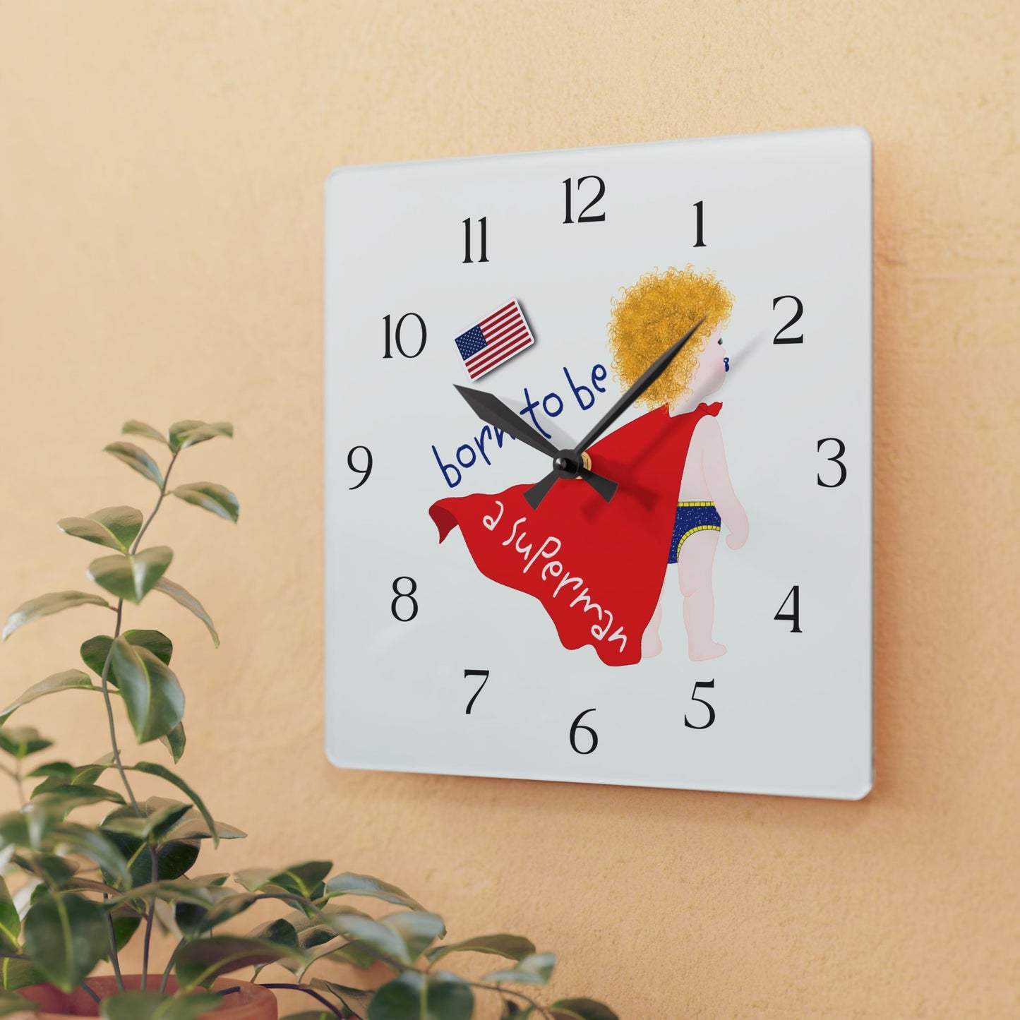 Funny Baby Acrylic Wall Clock - Superman Baby (Blonde)