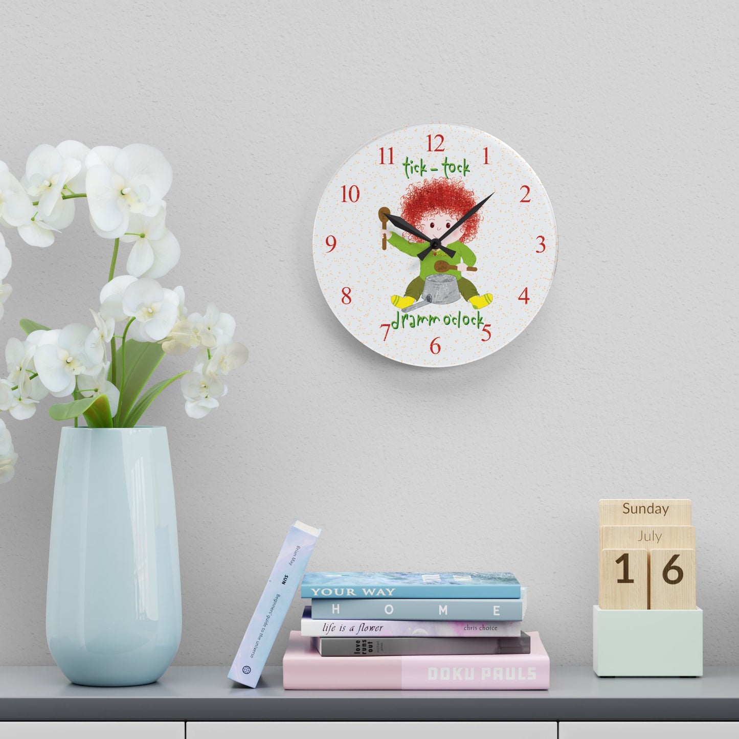Funny Kids Wall Clock – Redhead Drummer Baby Silent Nursery Clock by Kidlic