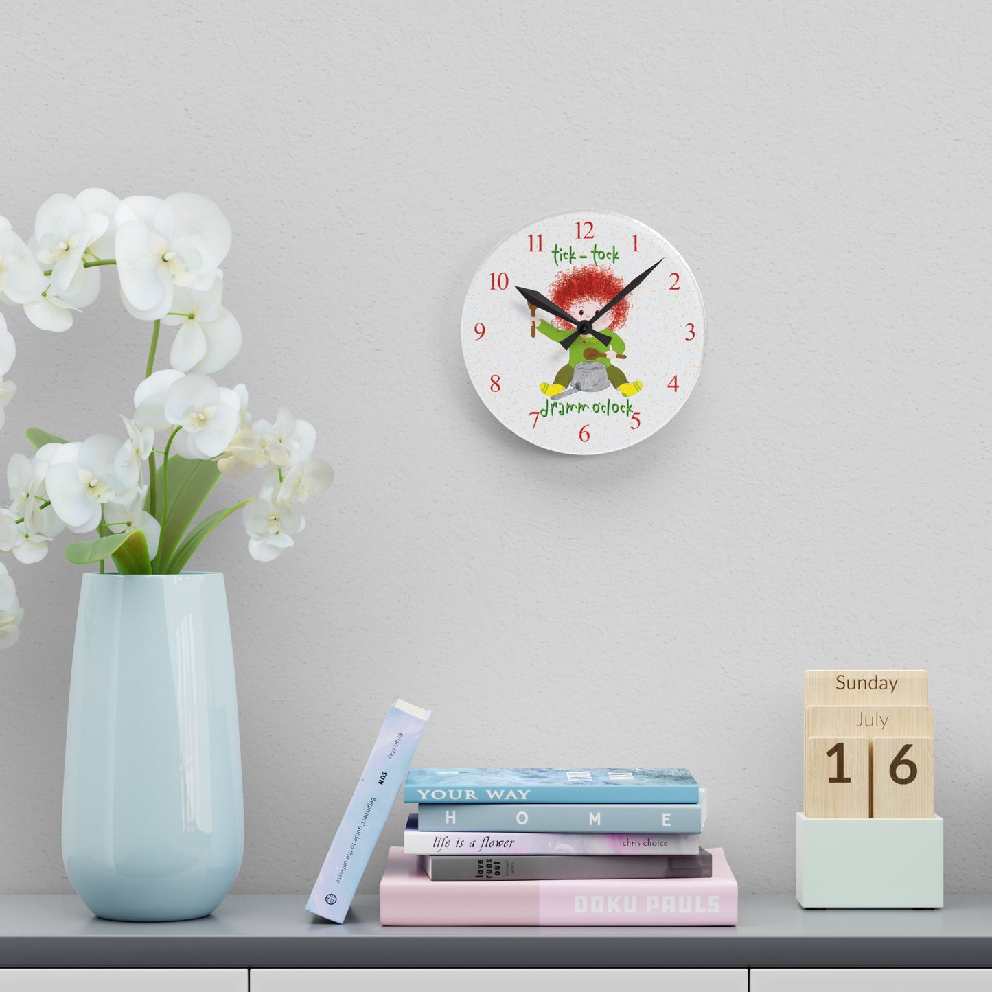 Funny Kids Wall Clock – Redhead Drummer Baby Silent Nursery Clock by Kidlic