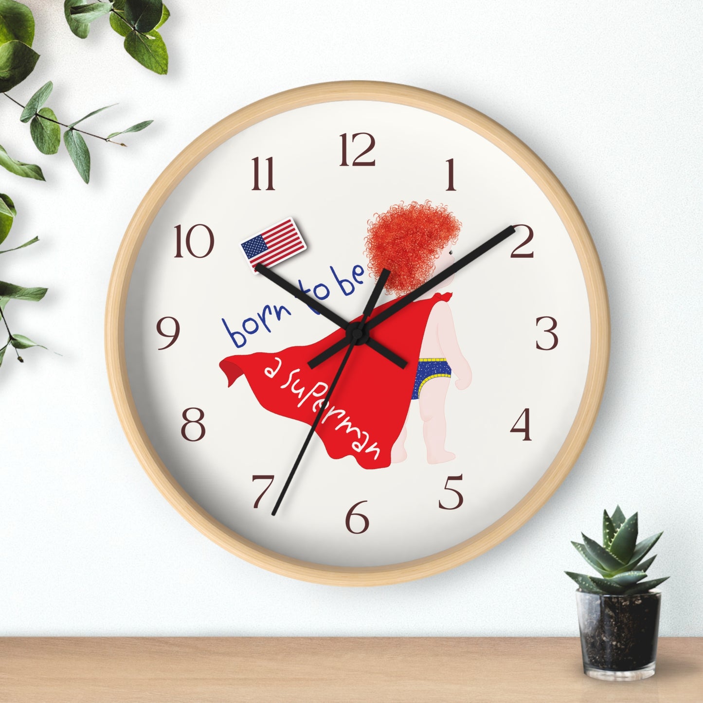 Funny Baby Wooden Wall Clock - Superman Baby (Redhead)