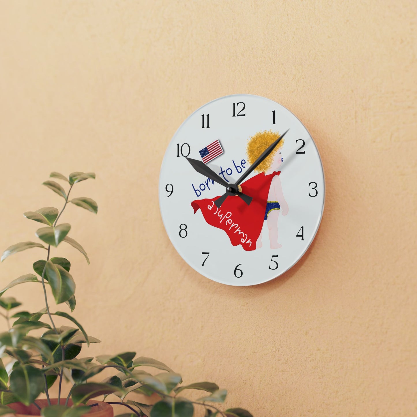 Funny Baby Acrylic Wall Clock - Superman Baby (Blonde)
