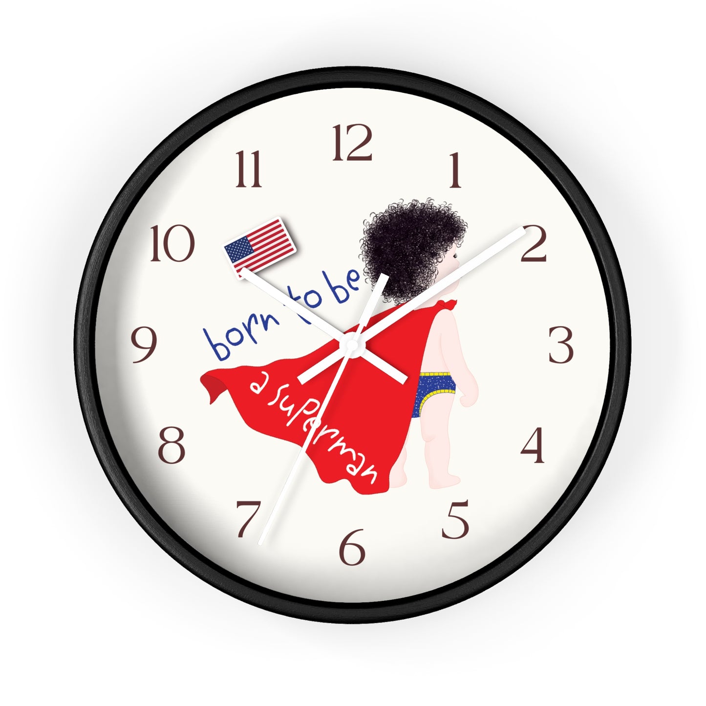 Funny Baby Wooden Wall Clock - Superman Baby (Dark-Haired)