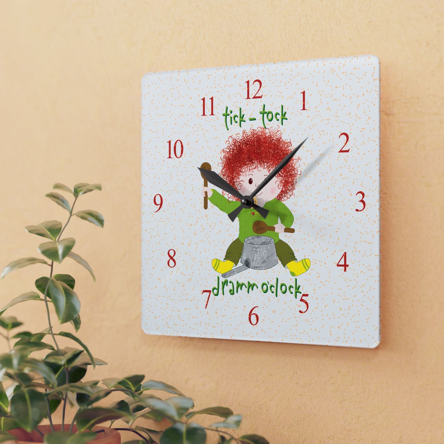 Funny Kids Wall Clock – Redhead Drummer Baby Silent Nursery Clock by Kidlic