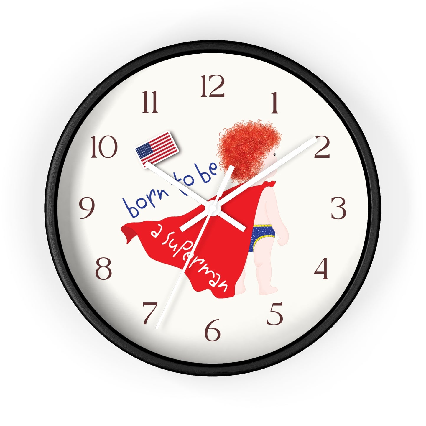 Funny Baby Wooden Wall Clock - Superman Baby (Redhead)